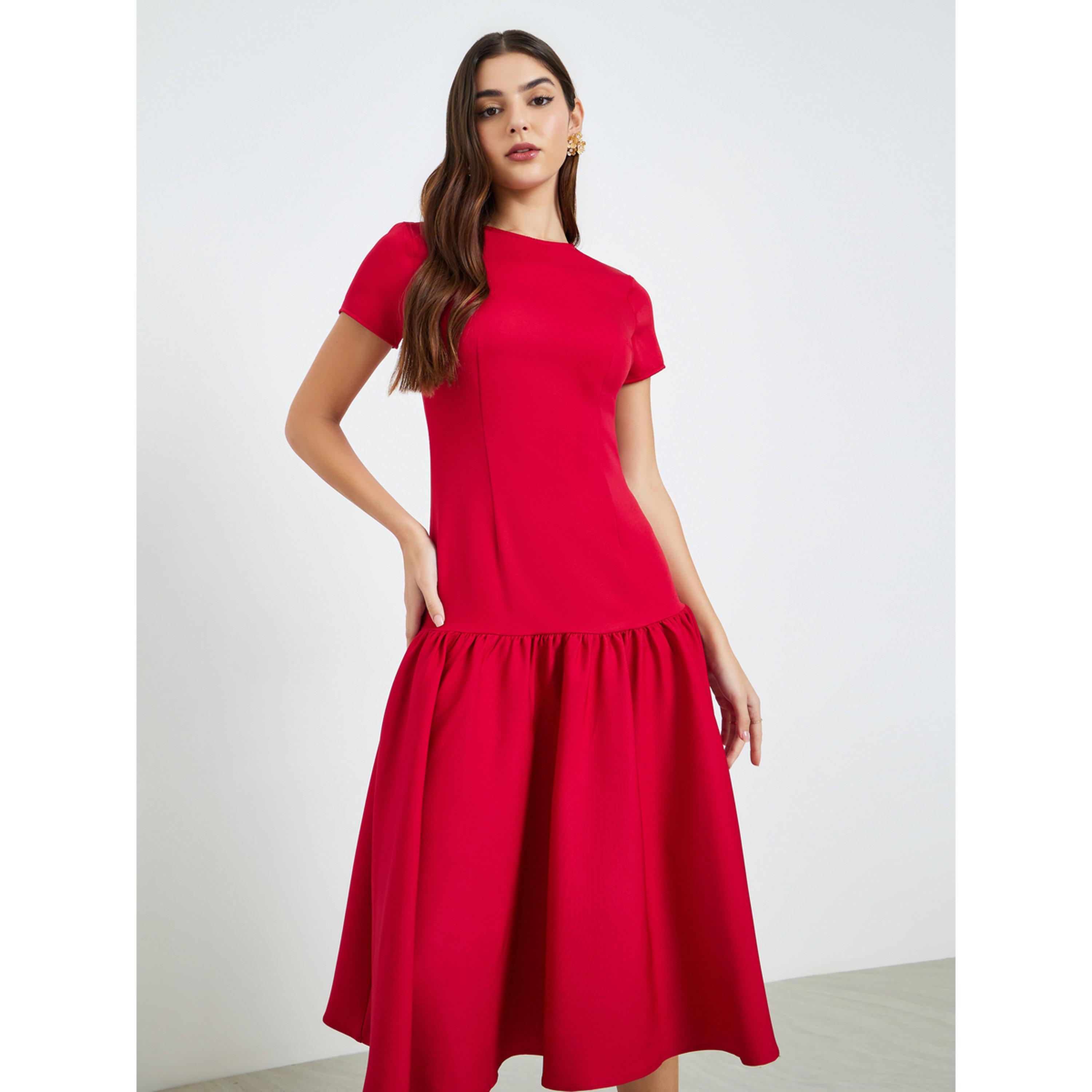 فستان ميدي بأكمام قصيرة وتصميم مريح-women-clothing-dresses-image-2