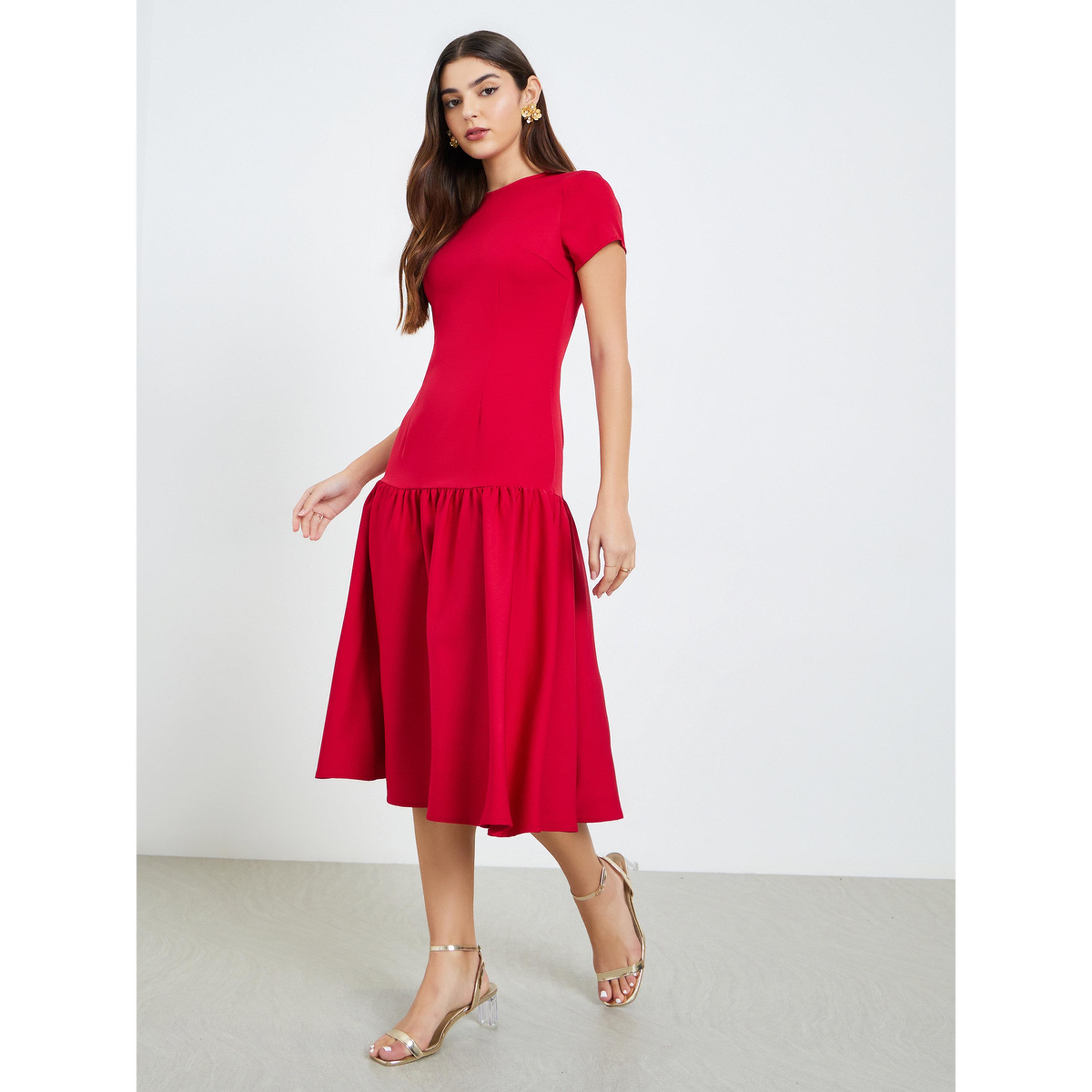 Styli Women Red Short Sleeves A-Line Midi Dress-women-clothing-dresses-image-3