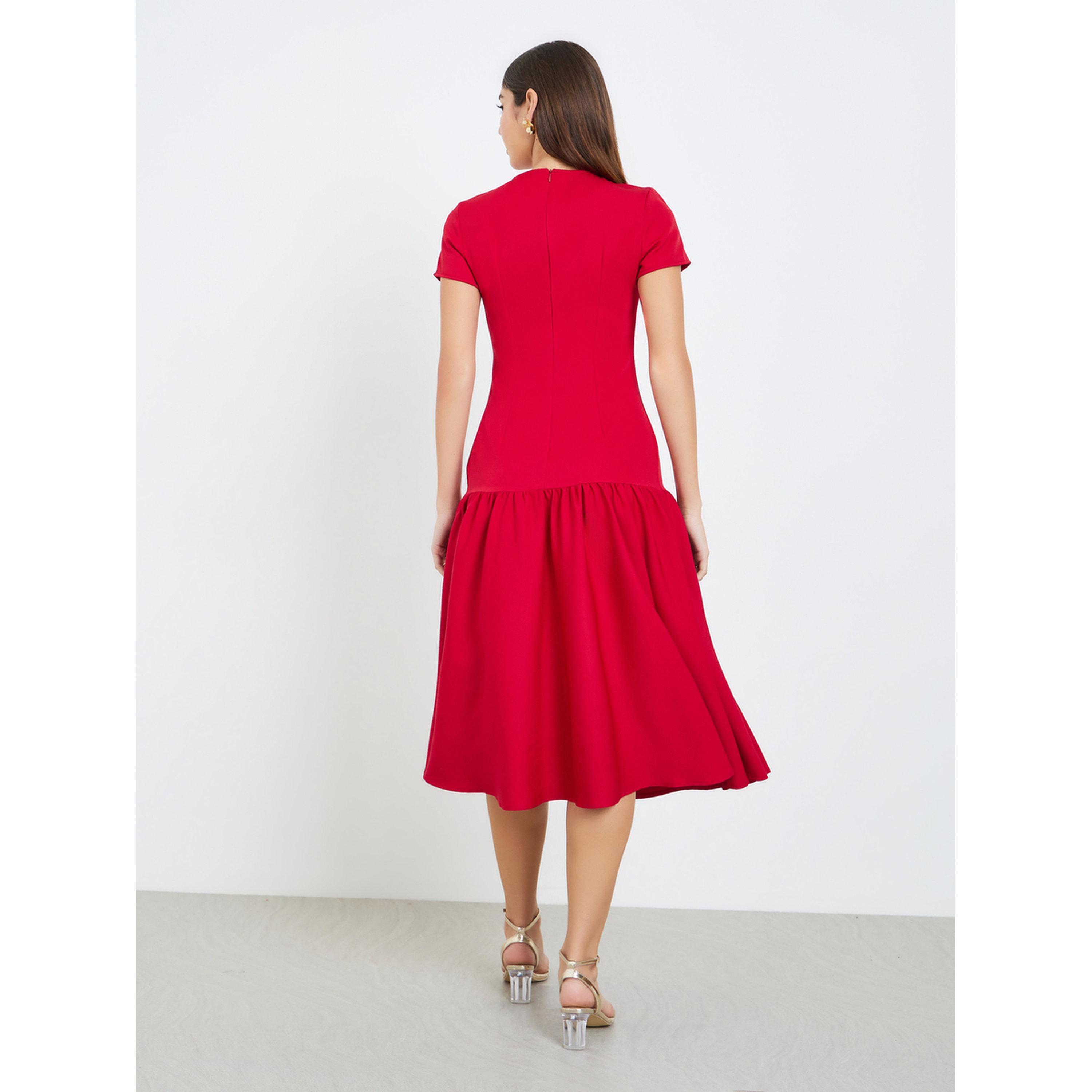 Styli Women Red Short Sleeves A-Line Midi Dress-women-clothing-dresses-image-4