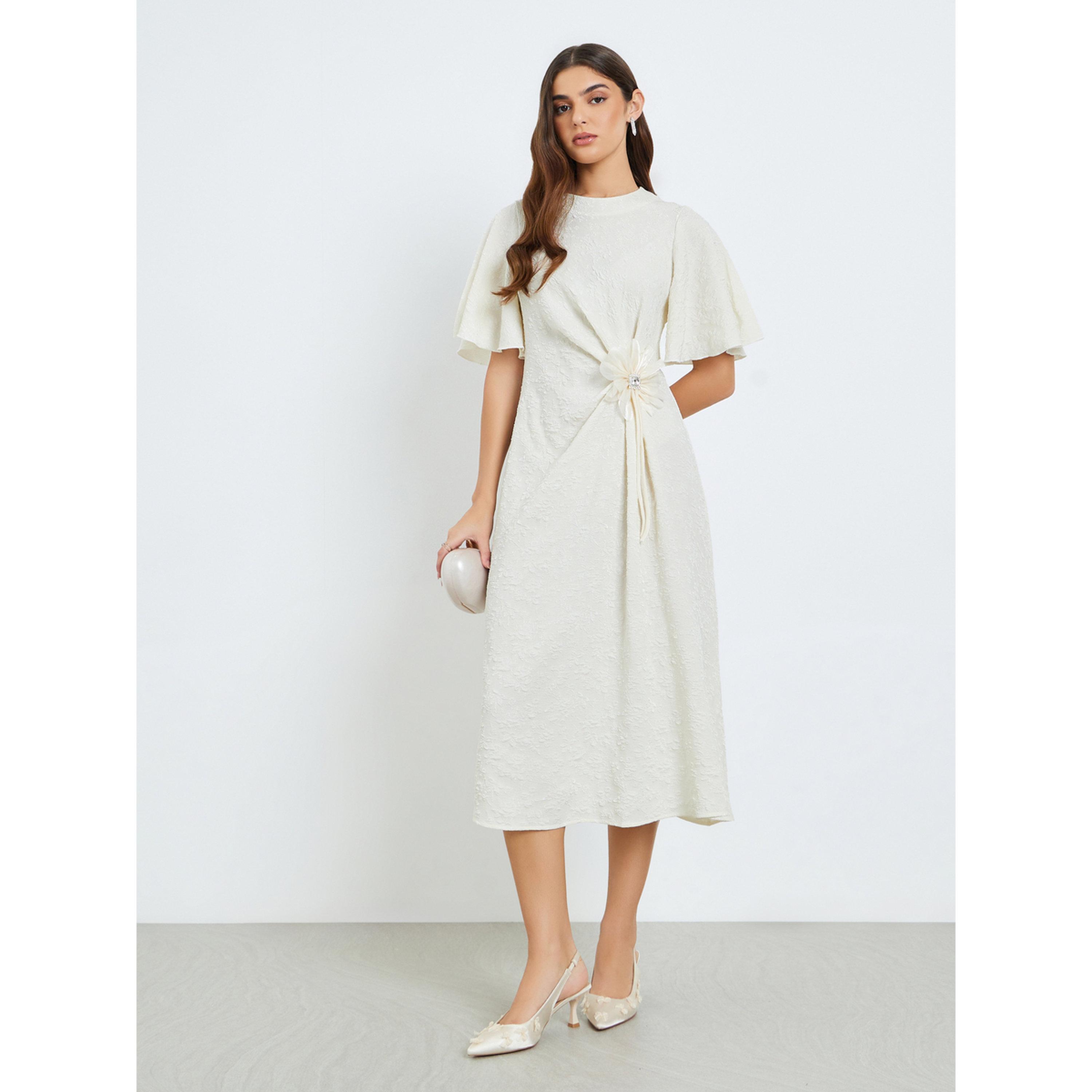 Styli Women Cream Embellished Bell Sleeve A-Line Midi Dress-women-clothing-dresses-image-1
