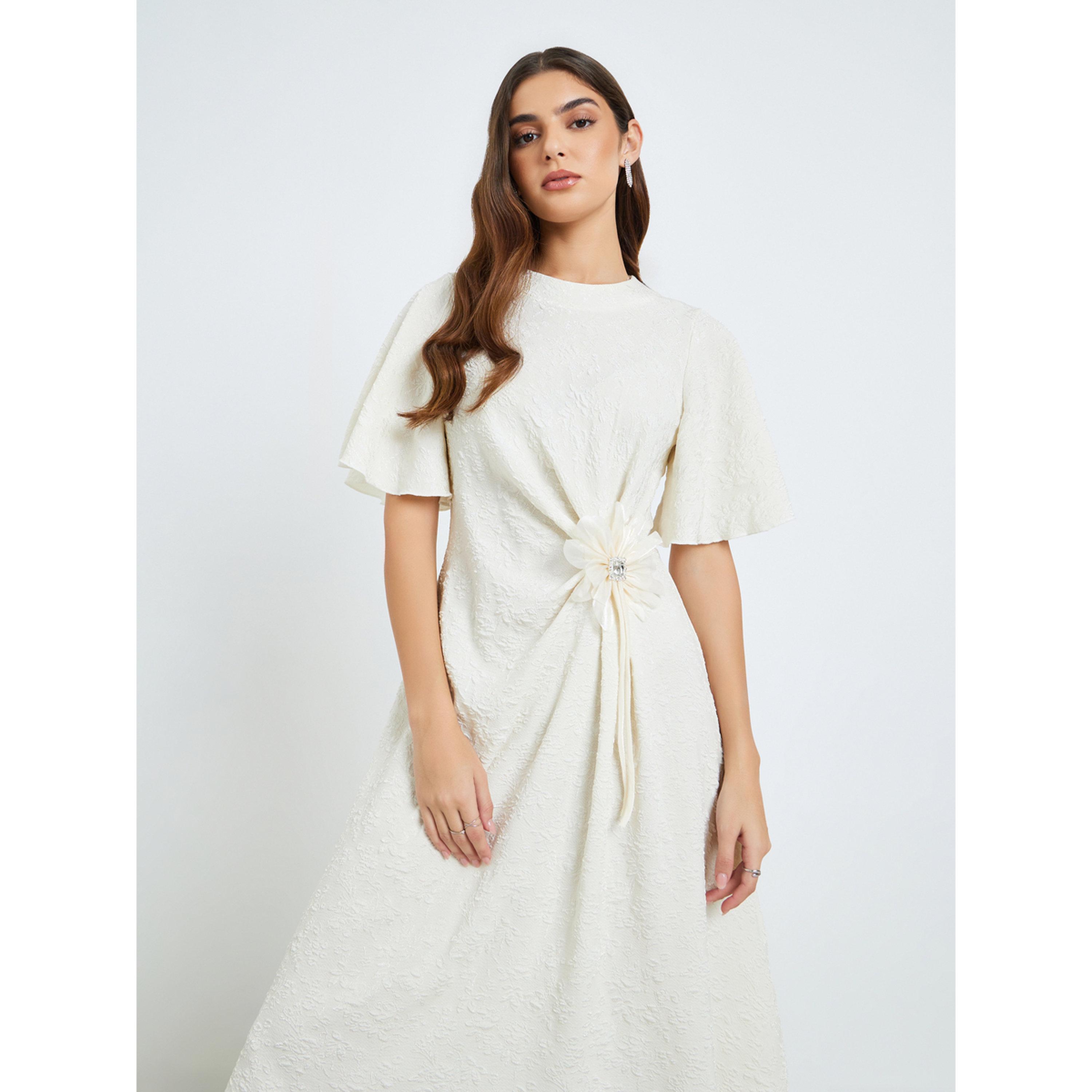 Styli Women Cream Embellished Bell Sleeve A-Line Midi Dress-women-clothing-dresses-image-2