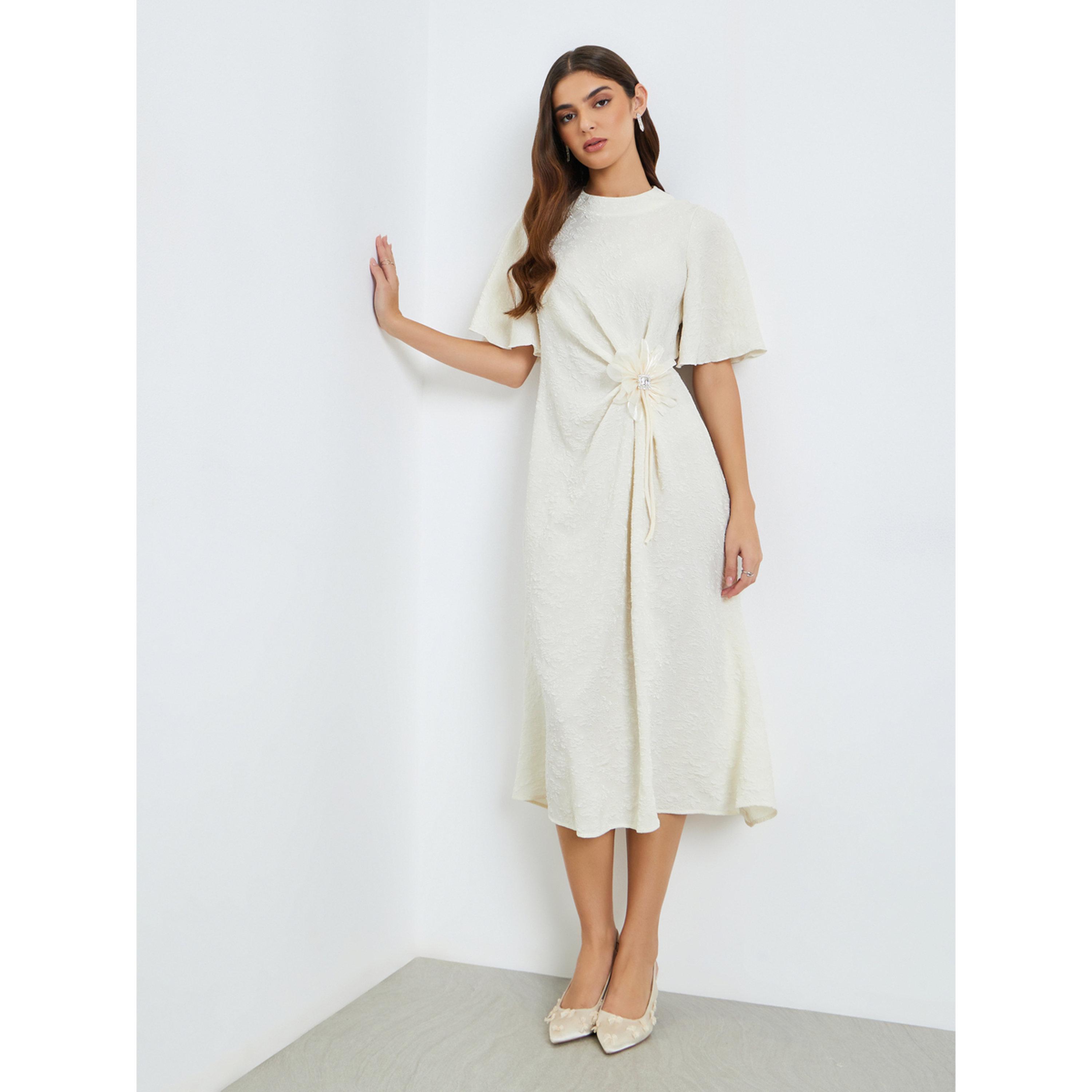 Styli Women Cream Embellished Bell Sleeve A-Line Midi Dress-women-clothing-dresses-image-3