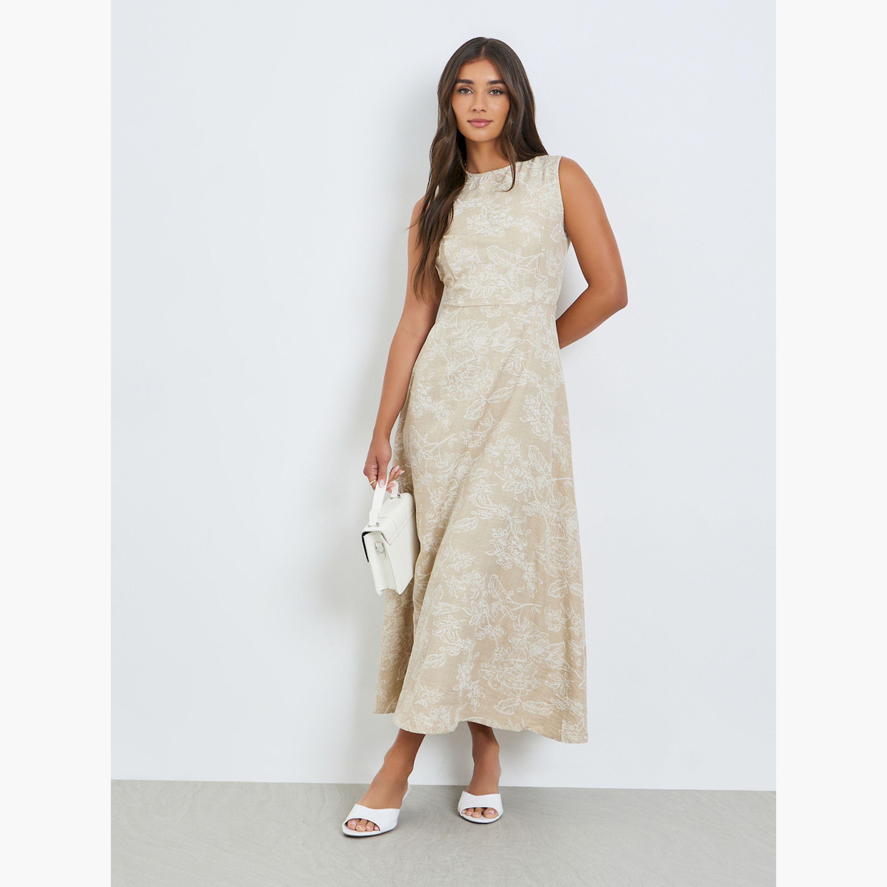 Styli Women Beige Floral Sleeveless Maxi Dress-women-clothing-dresses-image-3