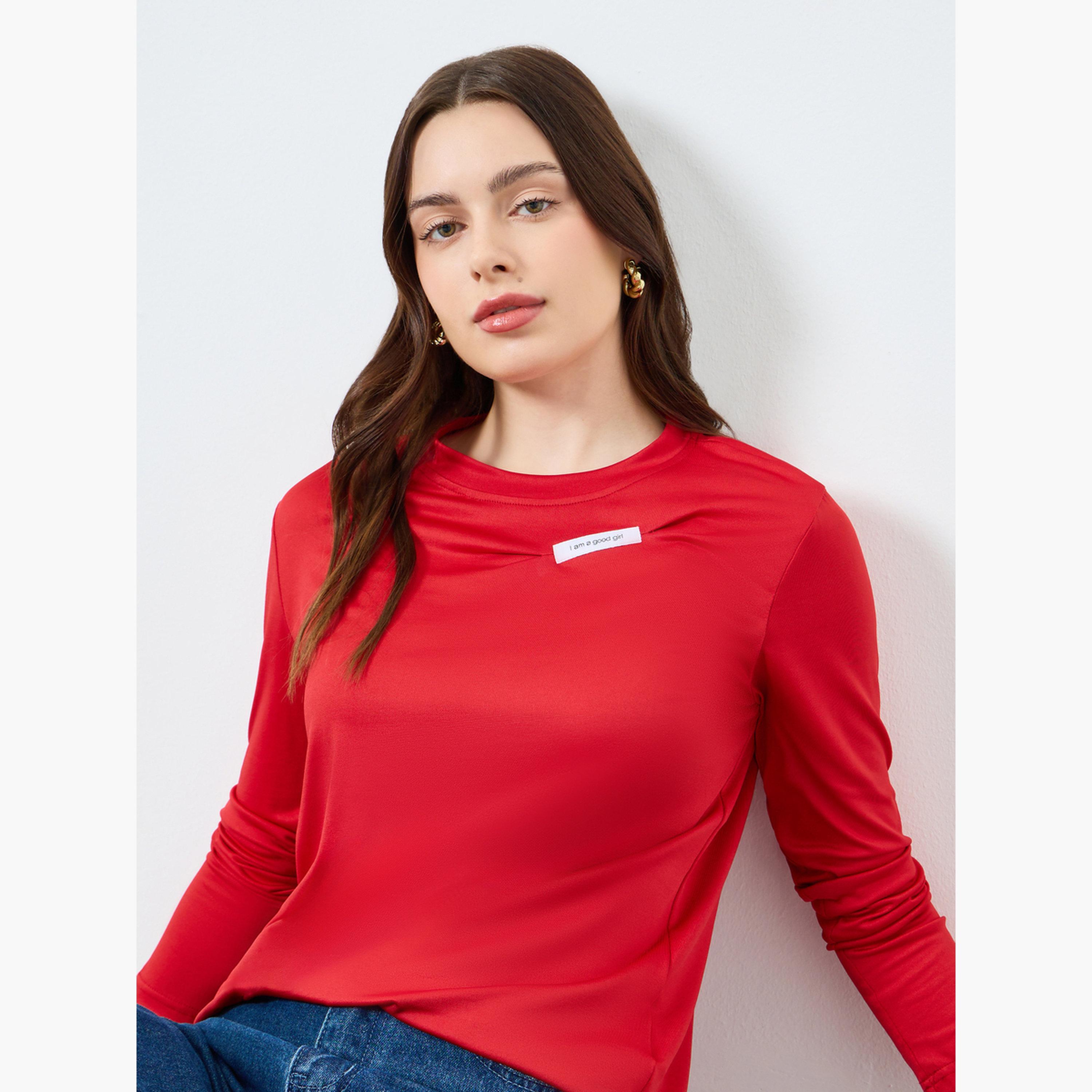 تيشيرت بأكمام طويلة بطبعة شعار-women-clothing-tshirts-image-3