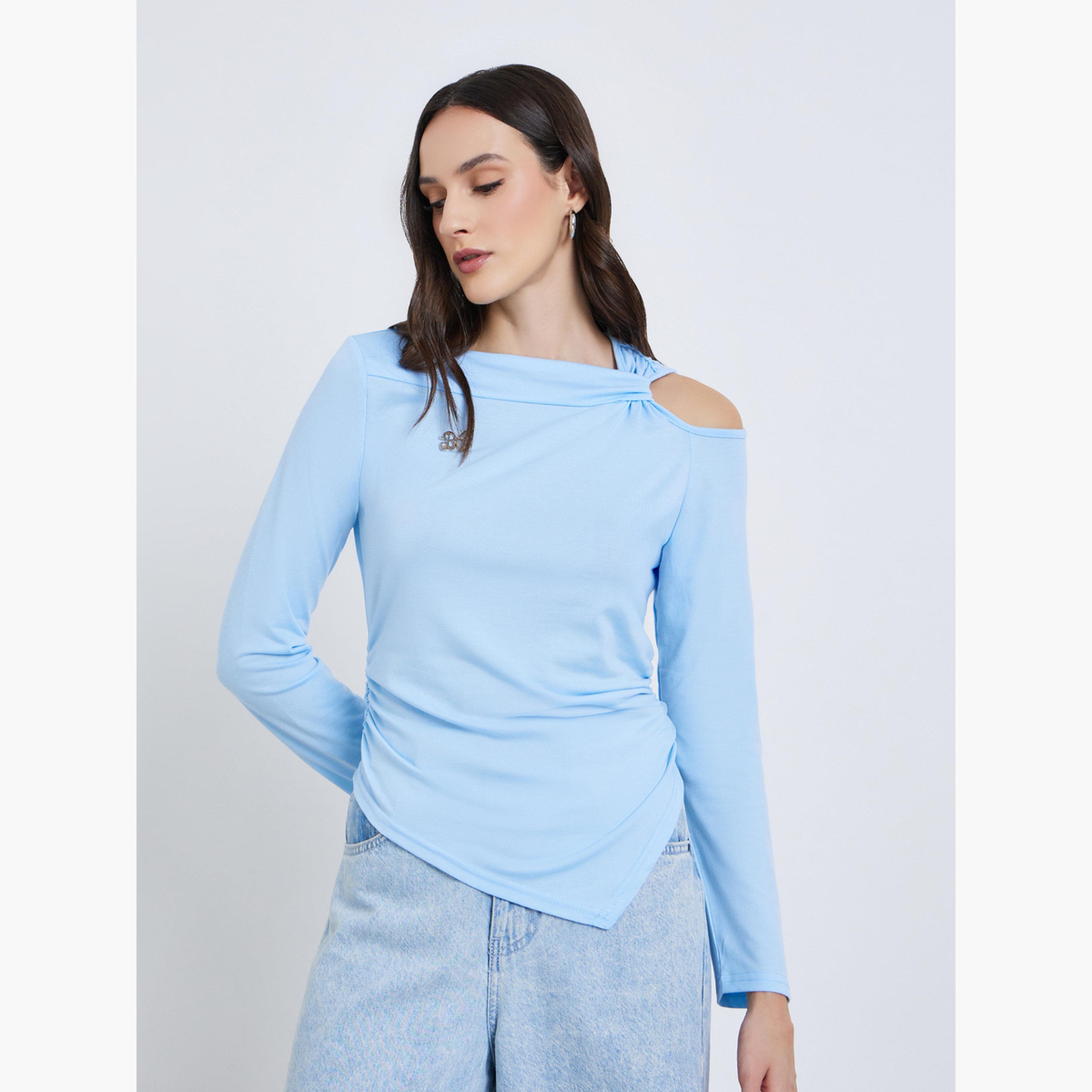 Styli Women Blue Asymmetric Hem Long Sleeve Top-women-clothing-shirtsandblouses-blouses-image-1