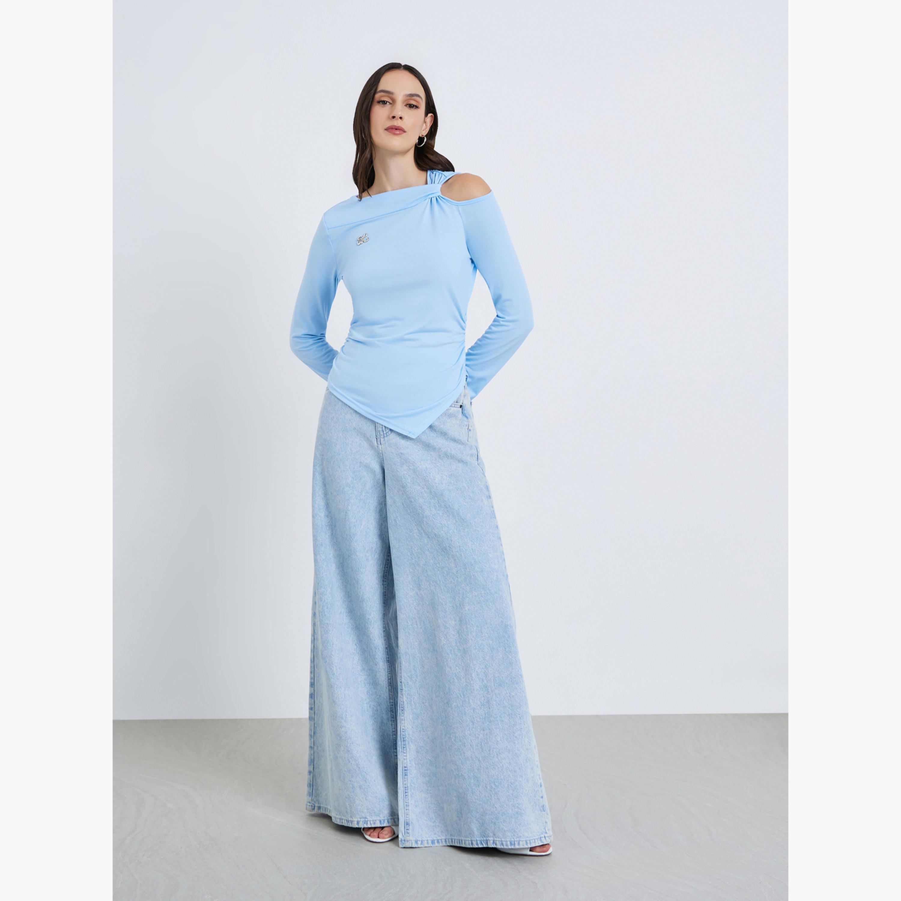 Styli Women Blue Asymmetric Hem Long Sleeve Top-women-clothing-shirtsandblouses-blouses-image-2