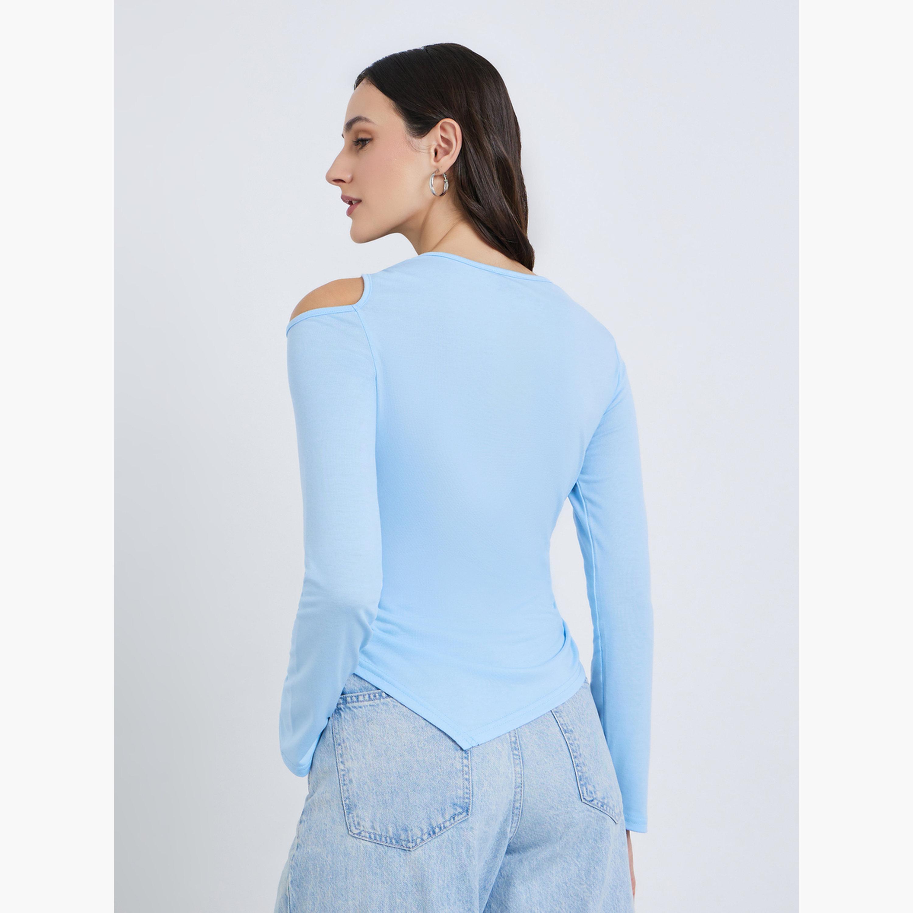 Styli Women Blue Asymmetric Hem Long Sleeve Top-women-clothing-shirtsandblouses-blouses-image-5
