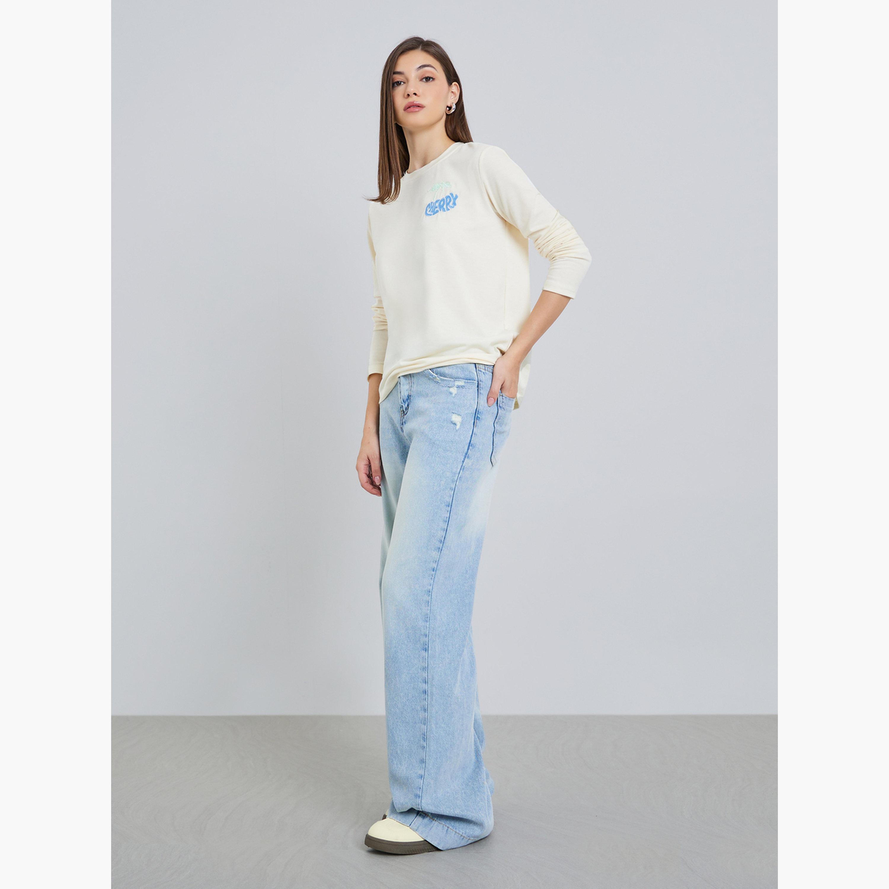 Styli Women Beige Embroidered Long Sleeve T-Shirt-women-clothing-tshirts-image-2