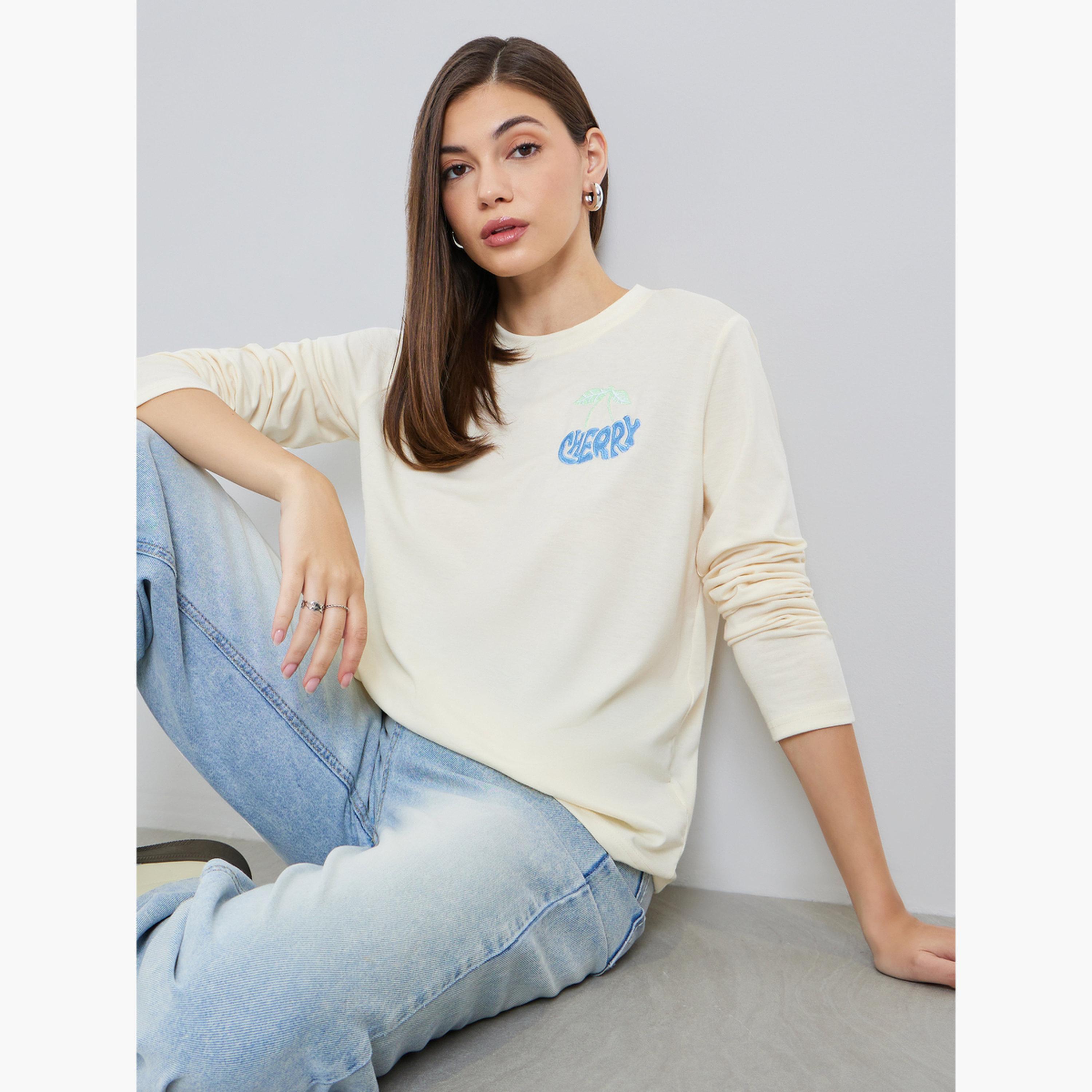 Styli Women Beige Embroidered Long Sleeve T-Shirt-women-clothing-tshirts-image-3
