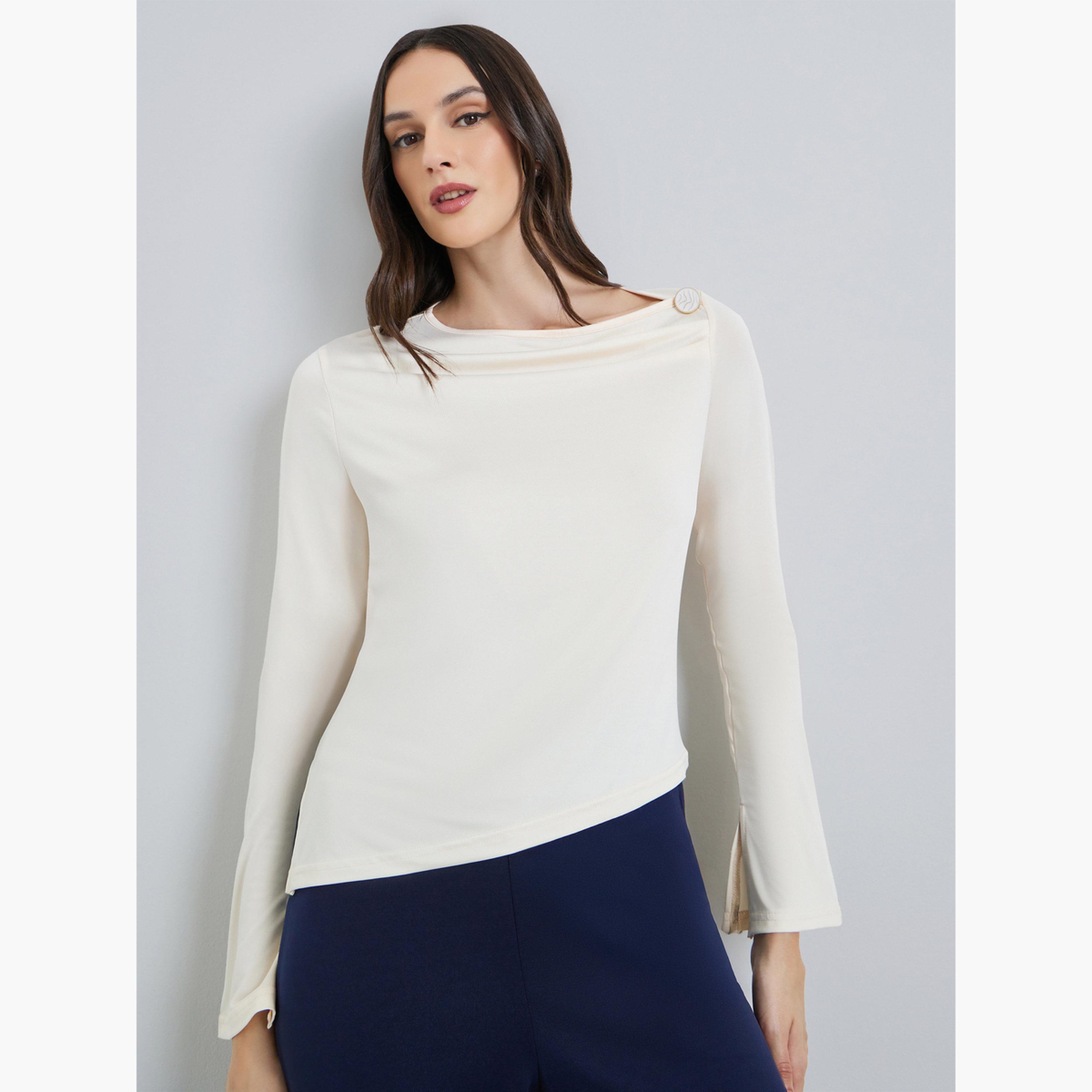 بلوزة بتفاصيل محبوكة بياقة غير متماثلة-women-clothing-shirtsandblouses-blouses-image-1