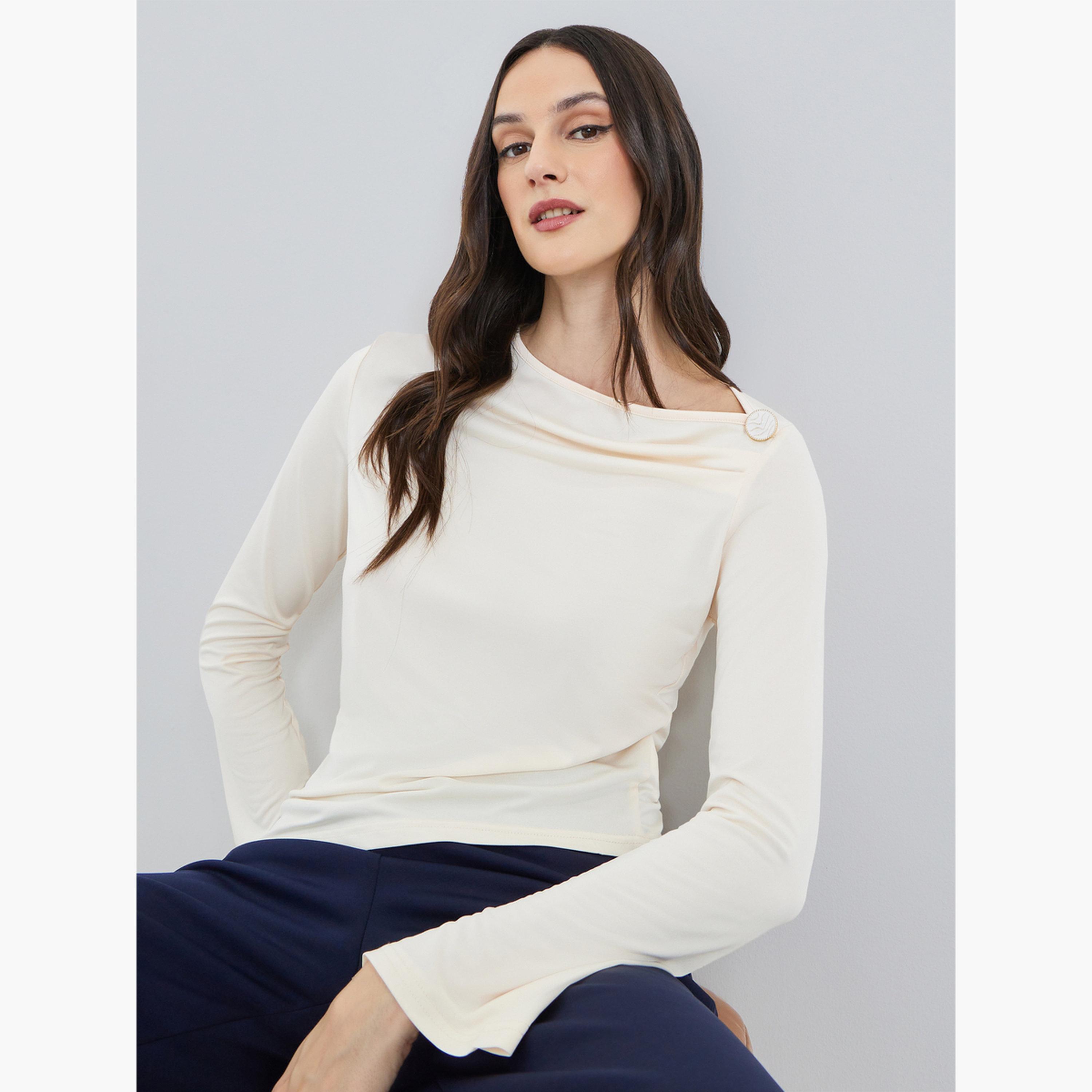 بلوزة بتفاصيل محبوكة بياقة غير متماثلة-women-clothing-shirtsandblouses-blouses-image-3