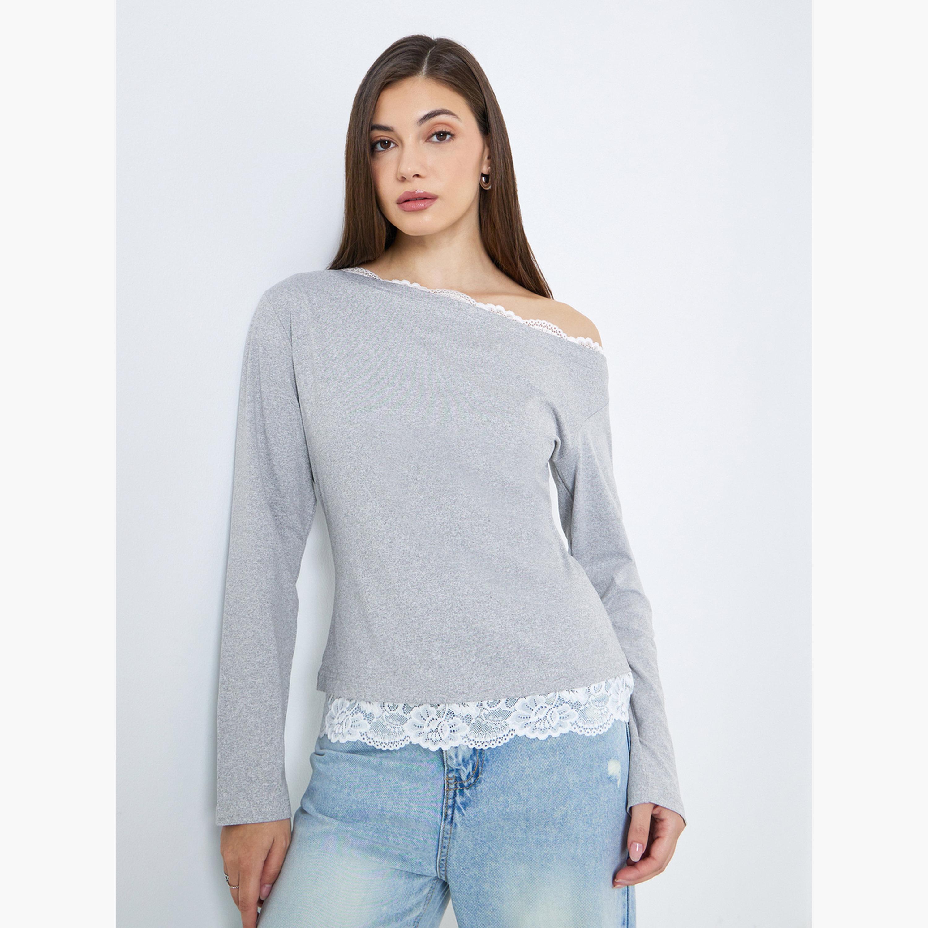 Styli Women Grey Long Sleeve Top with Lace Trim-women-clothing-tshirts-image-1