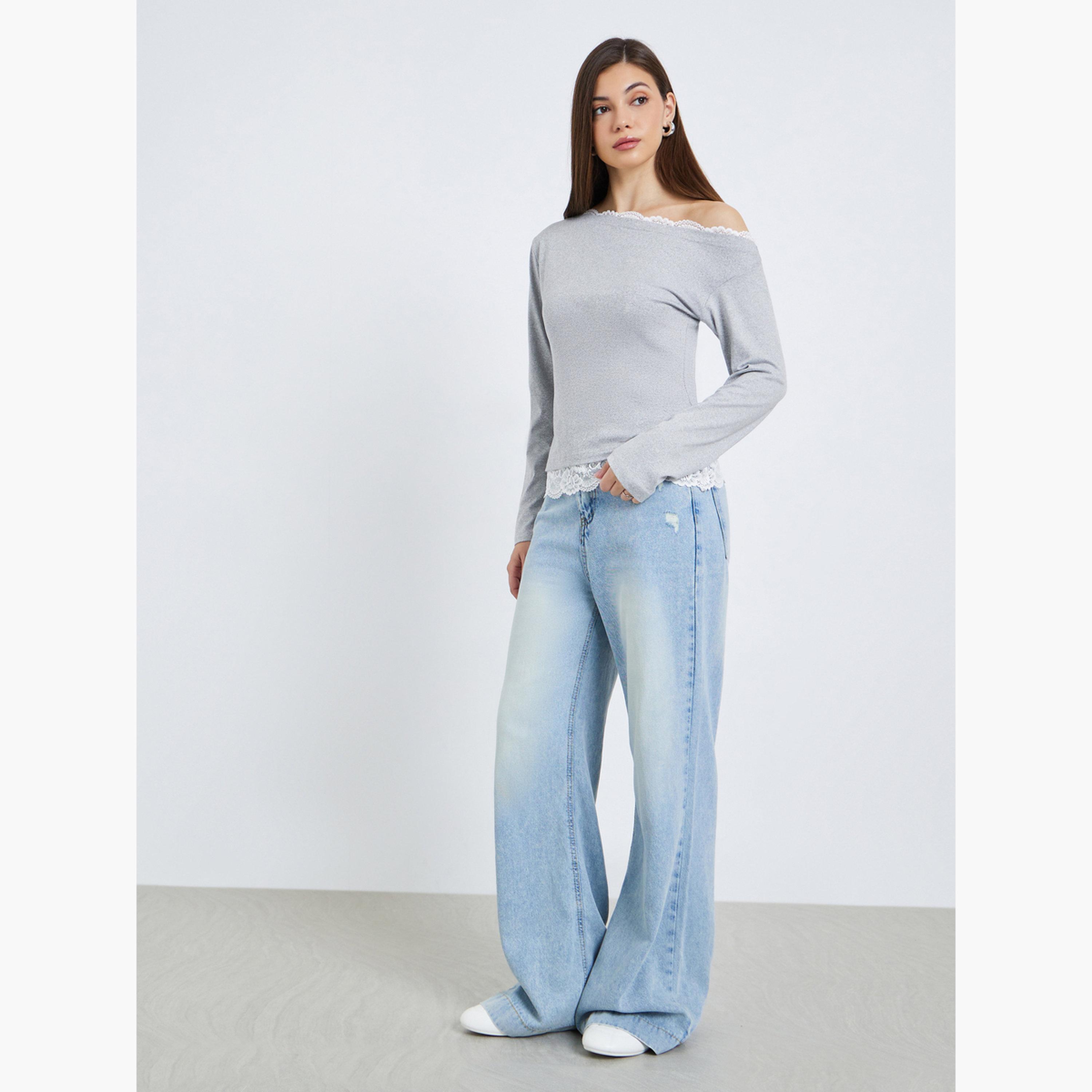 Styli Women Grey Long Sleeve Top with Lace Trim-women-clothing-tshirts-image-2