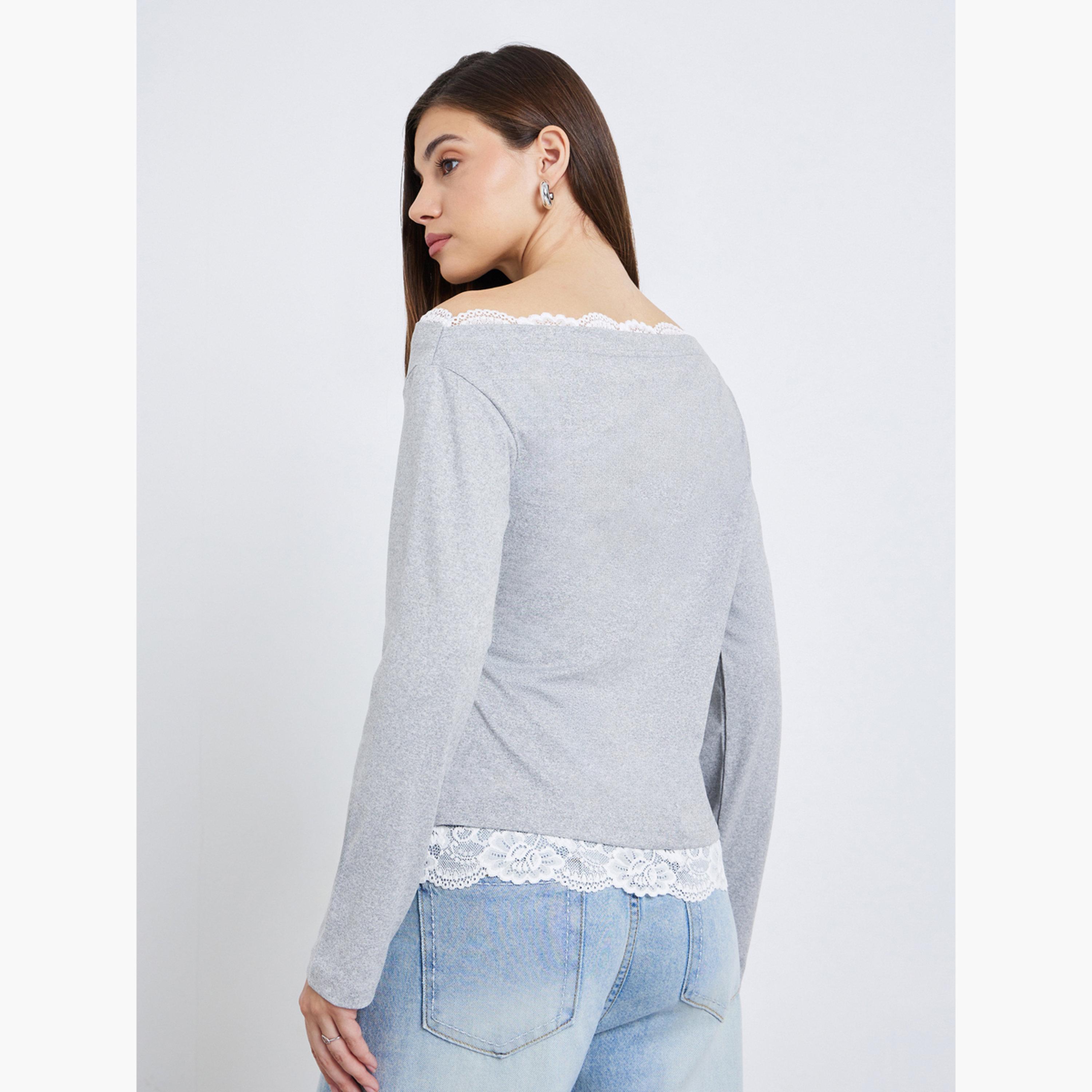 Styli Women Grey Long Sleeve Top with Lace Trim-women-clothing-tshirts-image-5