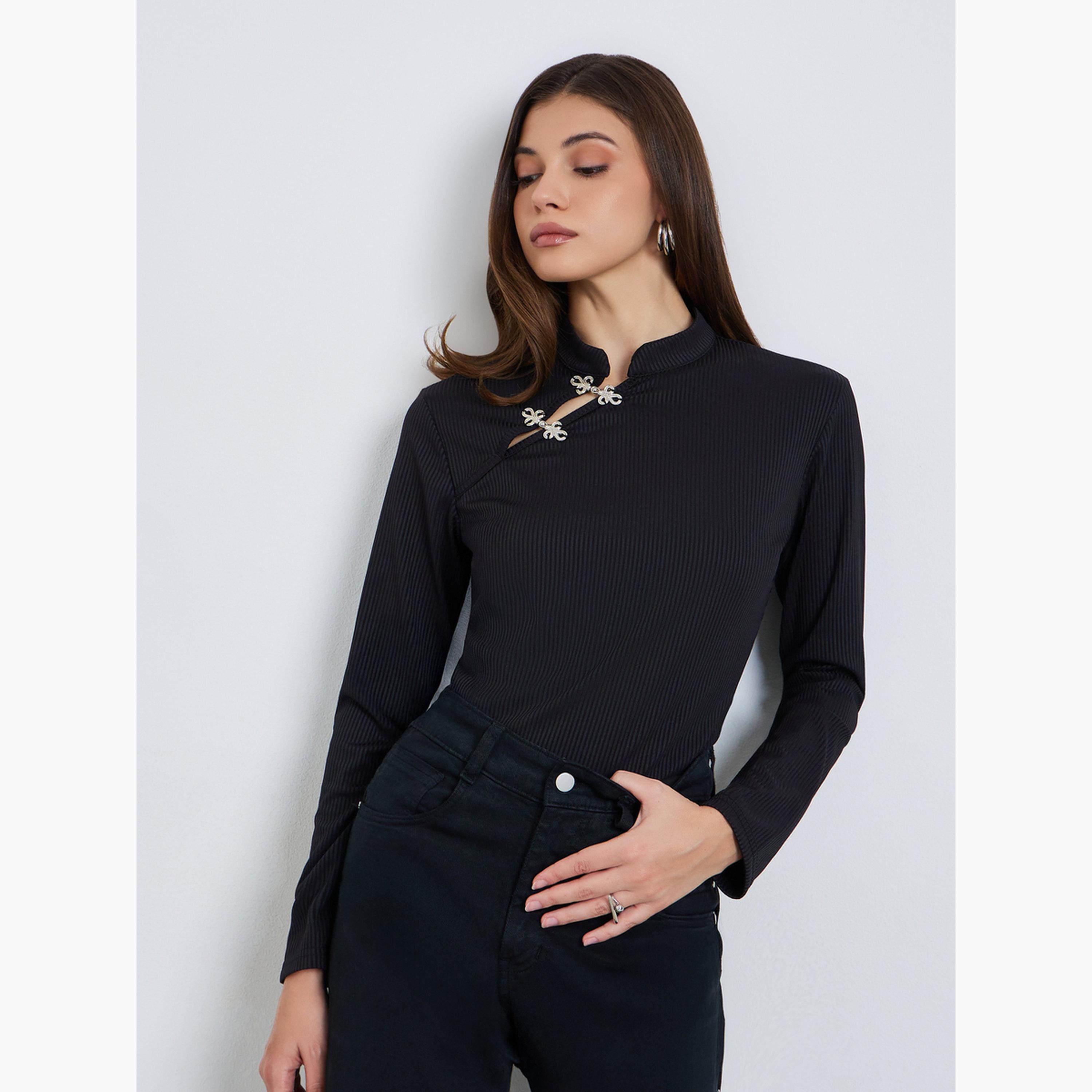 بلوزة محبوكة بياقة ماندارين-women-clothing-tshirts-image-1
