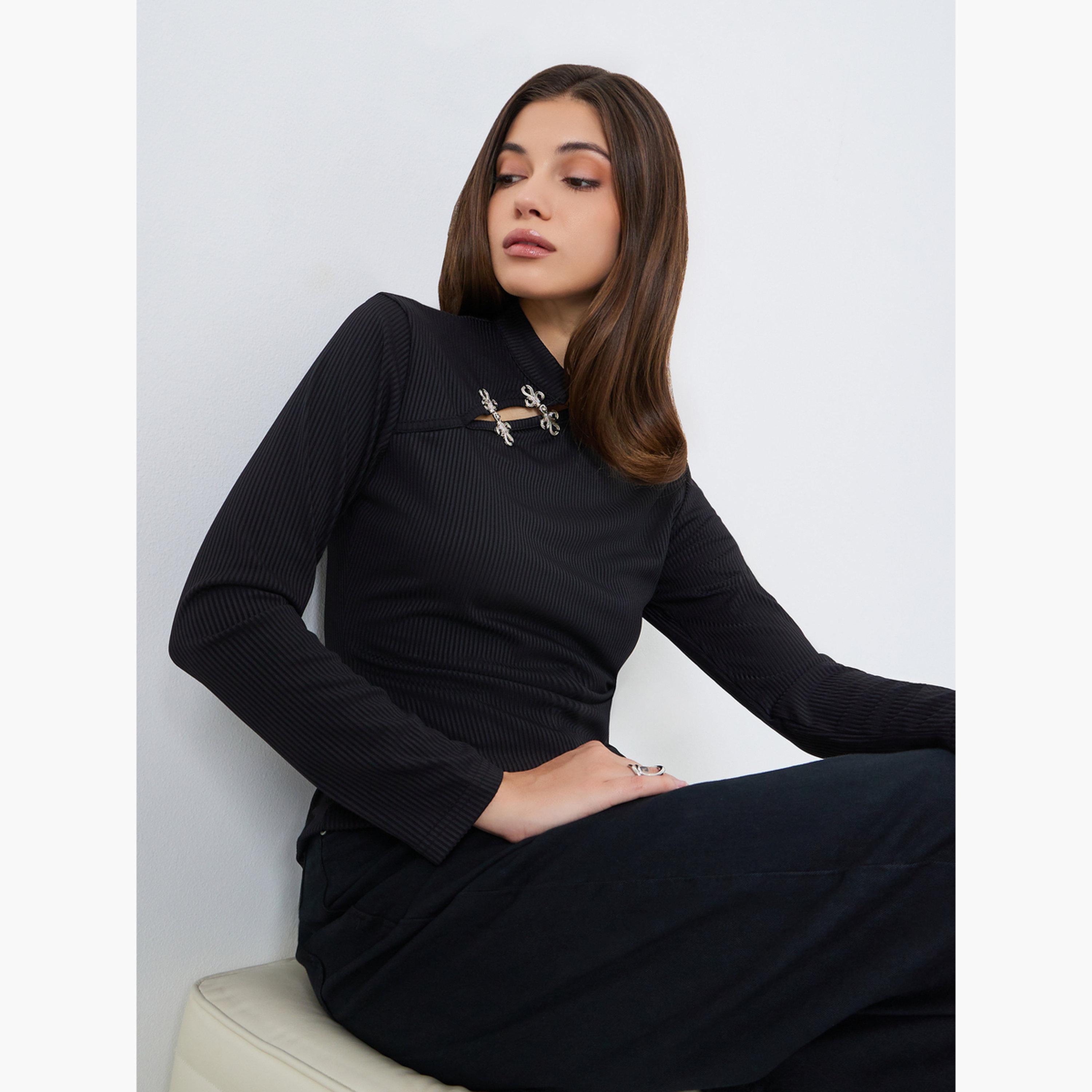 بلوزة محبوكة بياقة ماندارين-women-clothing-tshirts-image-3