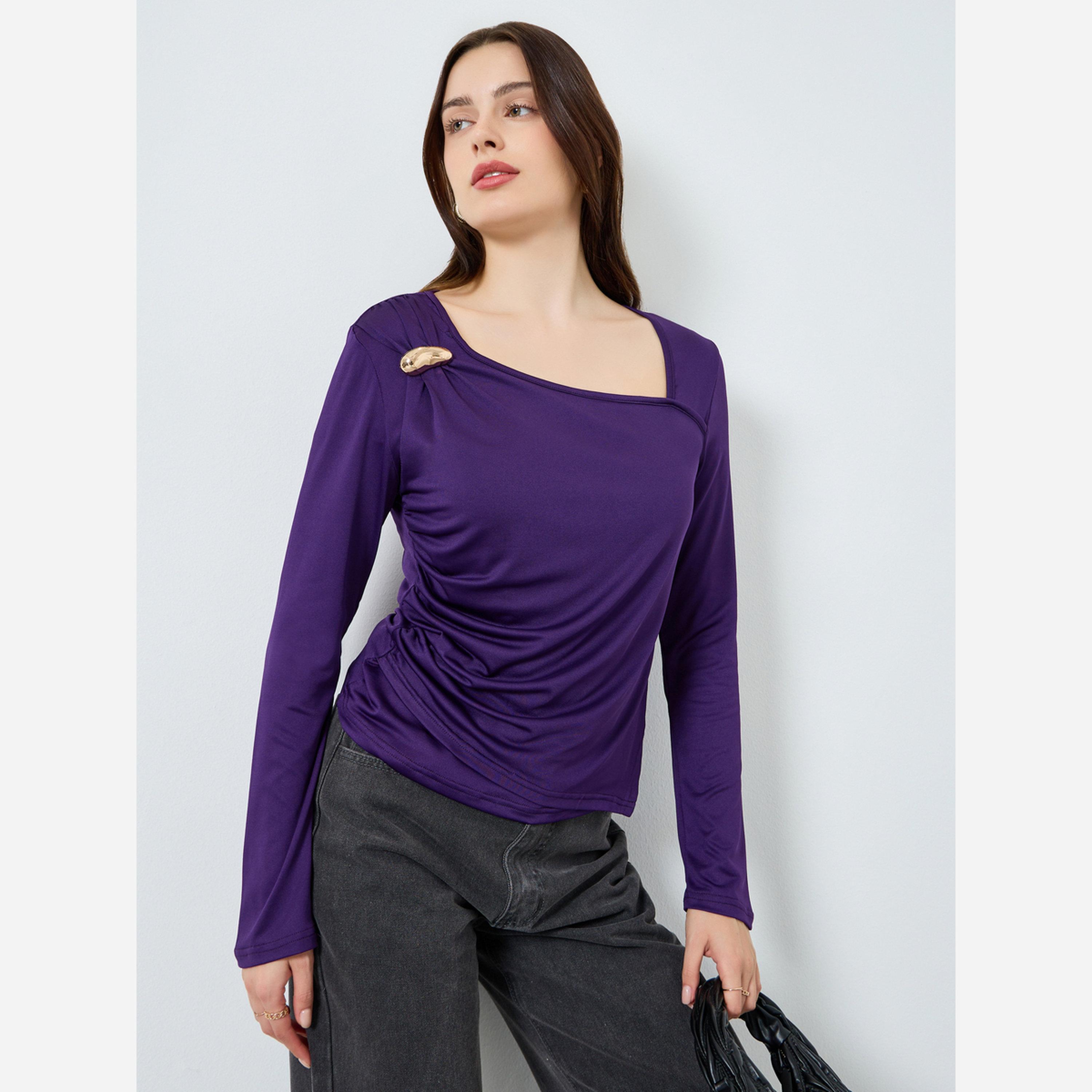 Styli Asymmetrical neckline knit top with trim-women-clothing-shirtsandblouses-blouses-image-1