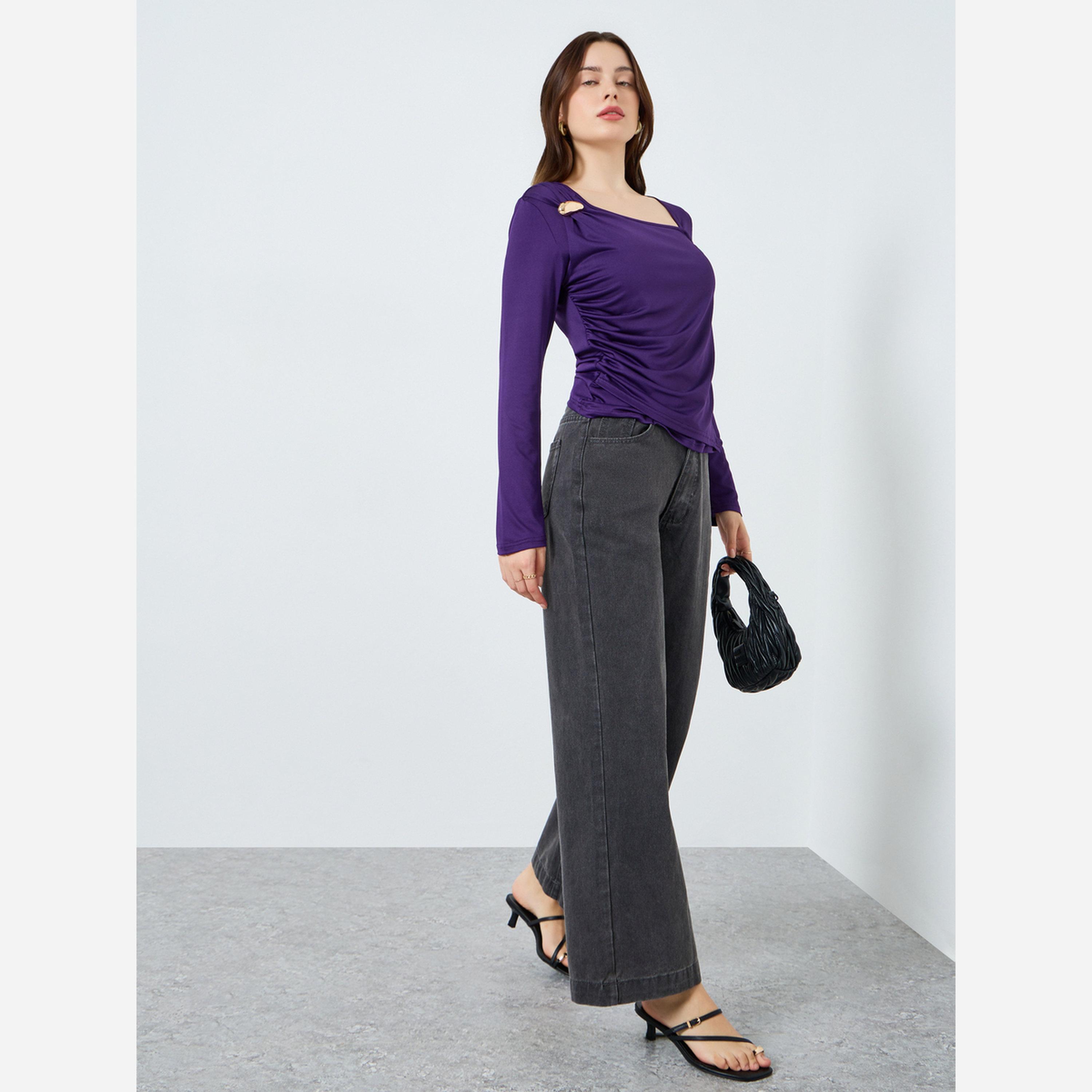 ستايلي - بلوزة ياقة غير متماثلة مزينة بحواف-women-clothing-shirtsandblouses-blouses-image-2