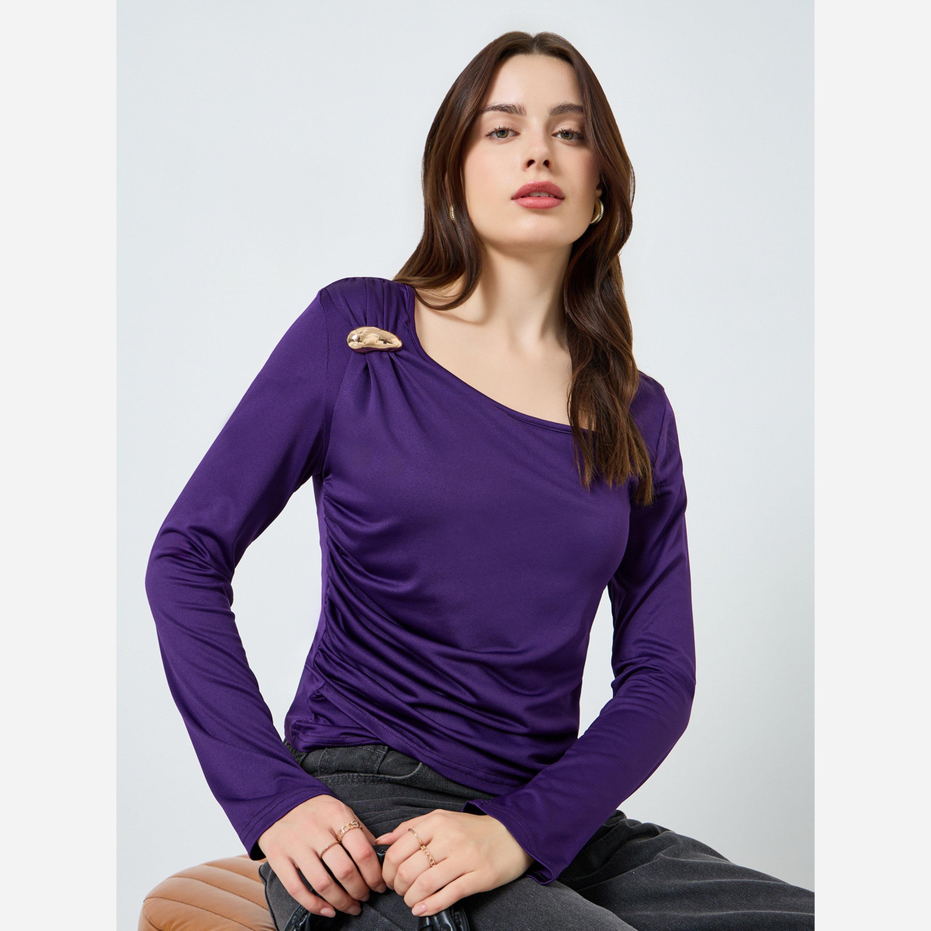 Styli Asymmetrical neckline knit top with trim-women-clothing-shirtsandblouses-blouses-image-3