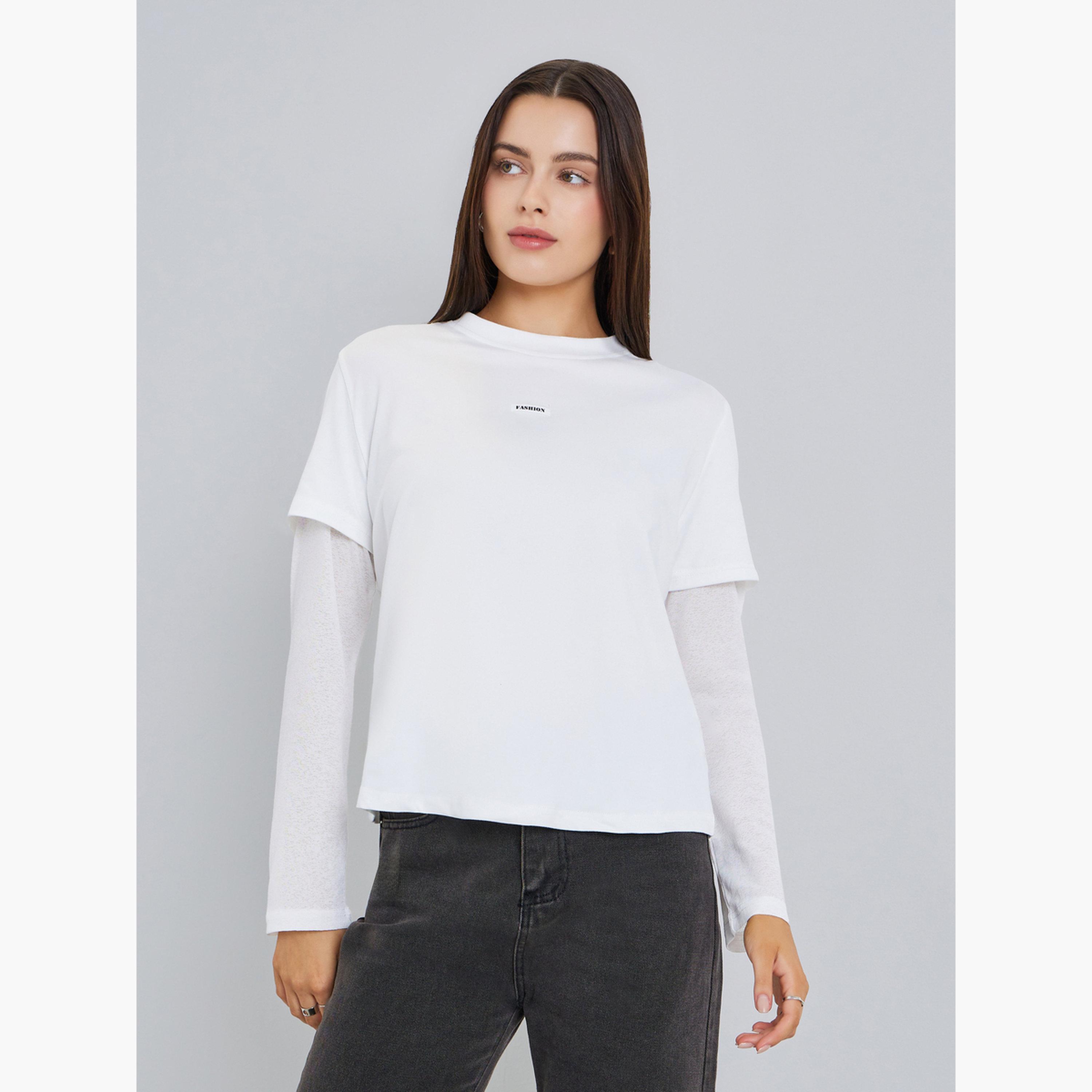 تيشيرت بطبعة شعار وأكمام طبقات-women-clothing-tshirts-image-1