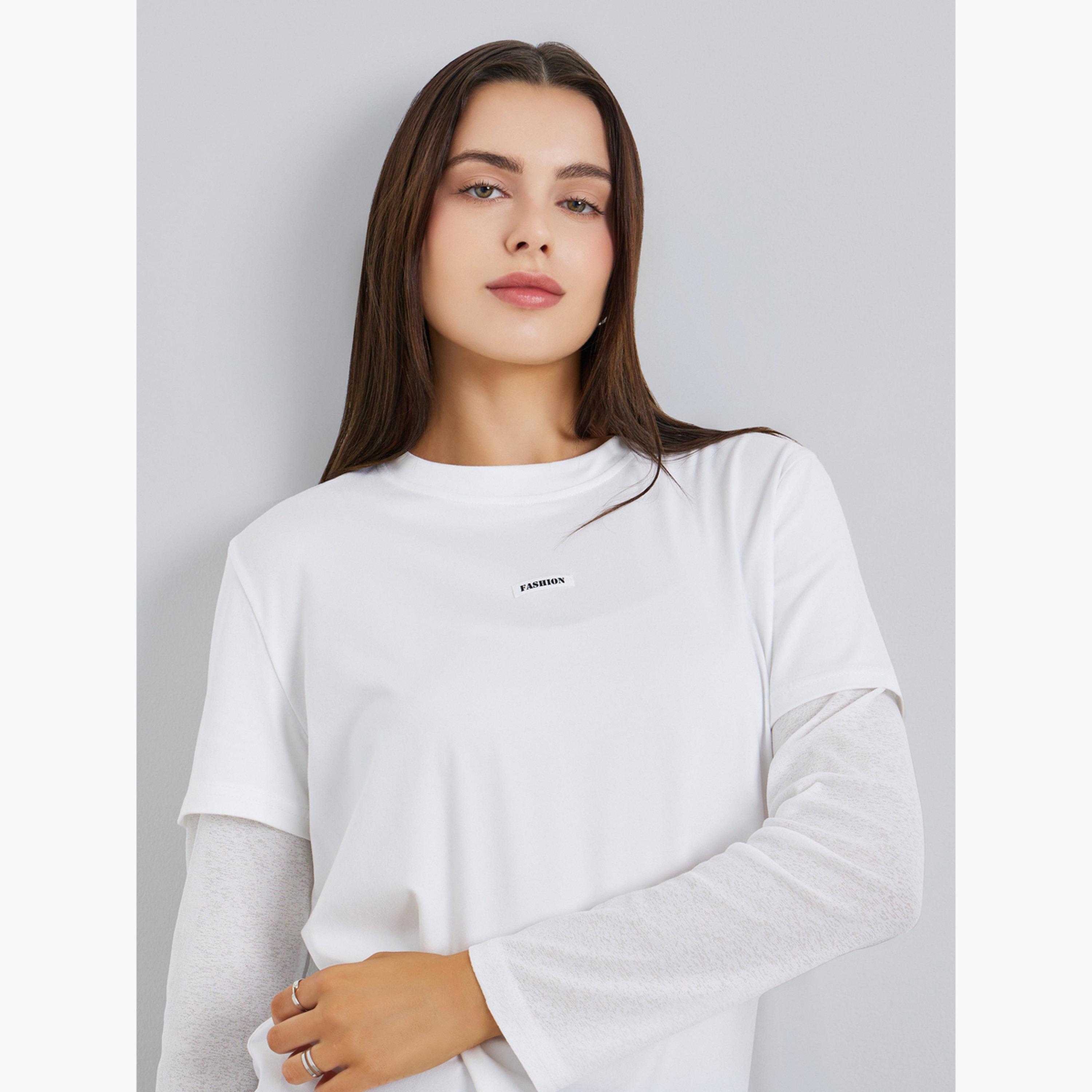 Styli Women White Slogan Print Layered Sleeve T-Shirt-women-clothing-tshirts-image-3