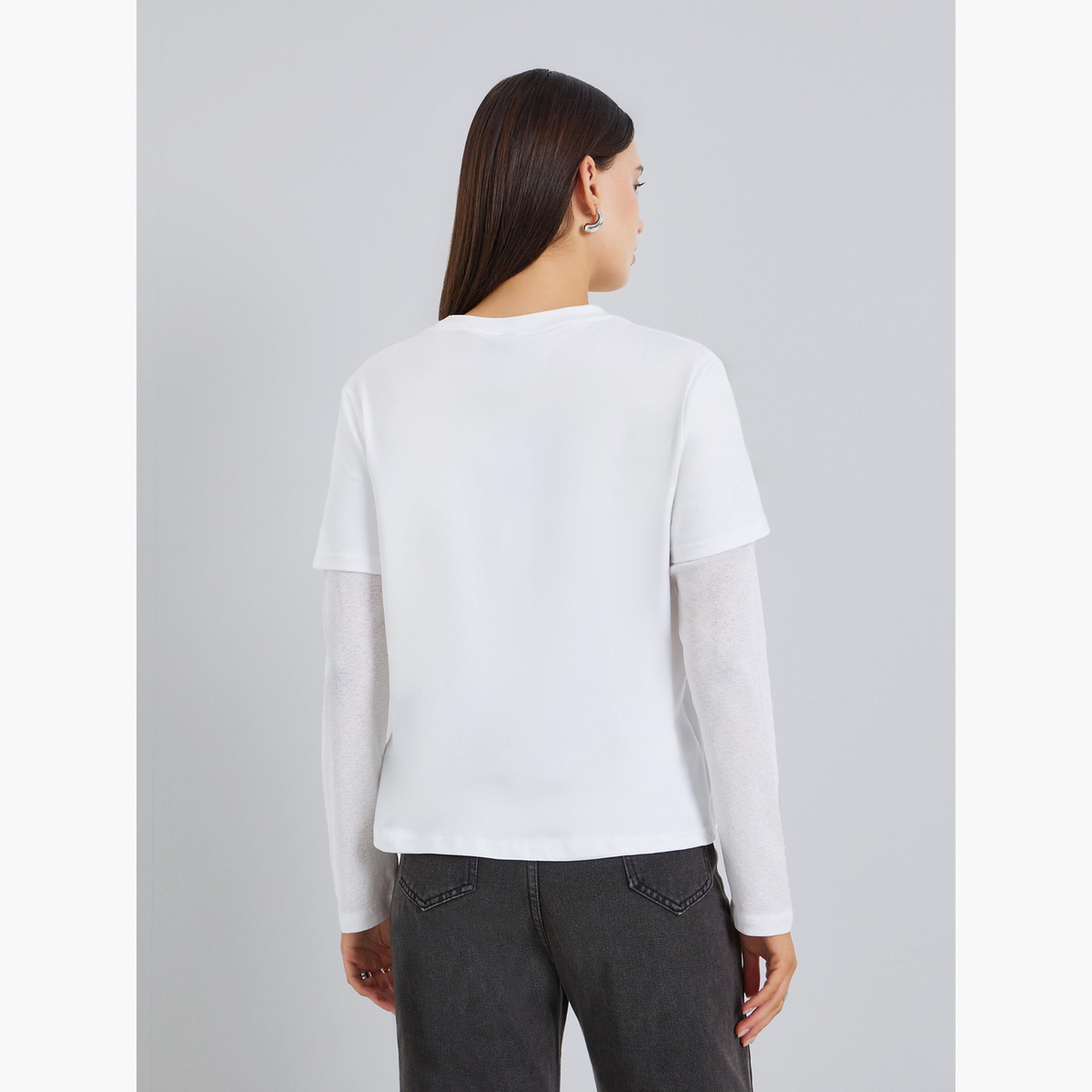 تيشيرت بطبعة شعار وأكمام طبقات-women-clothing-tshirts-image-5