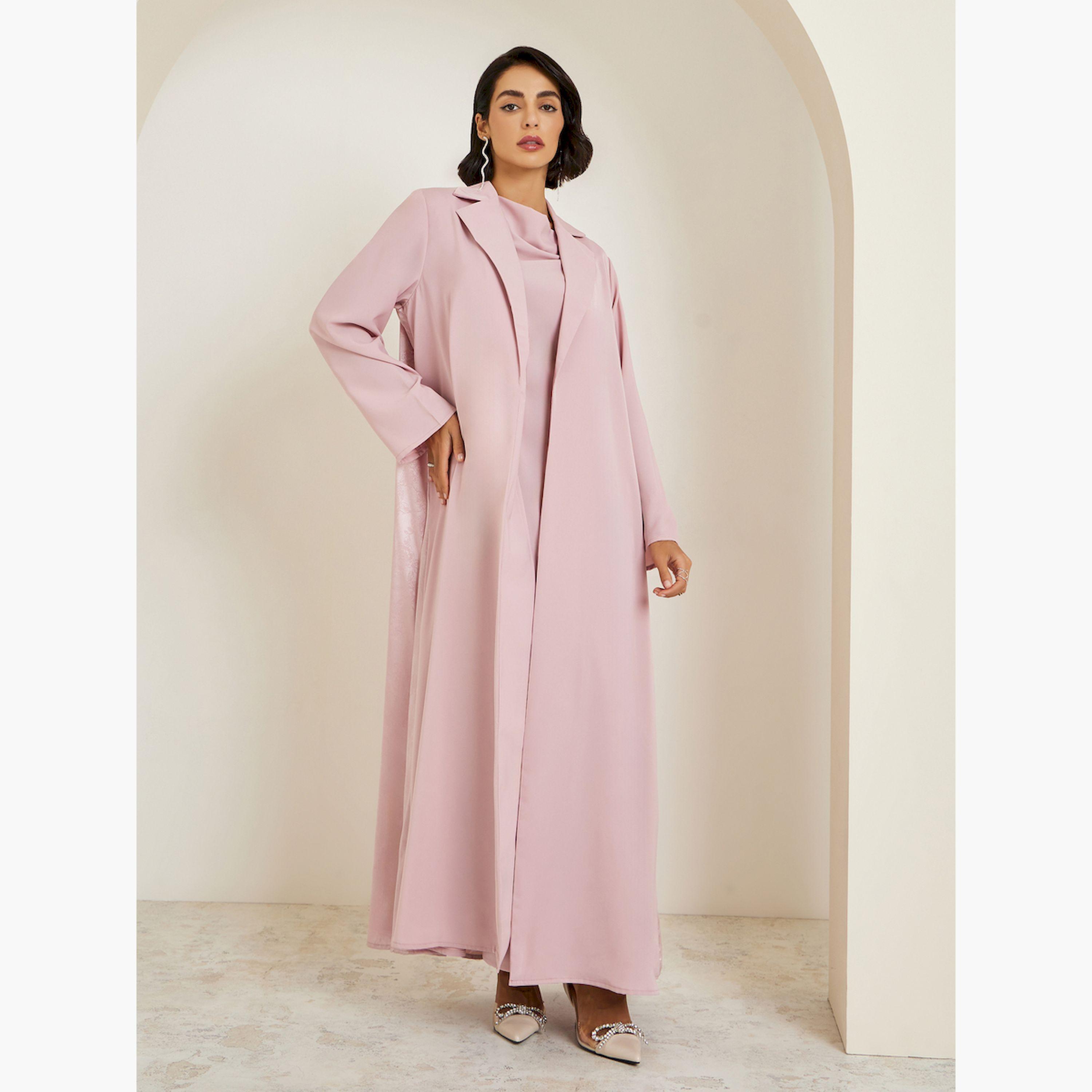 طقم محتشم عباية جاكار بياقة مطوية وفستان بياقة منسدلة-women-arabicclothing-sets-image-1