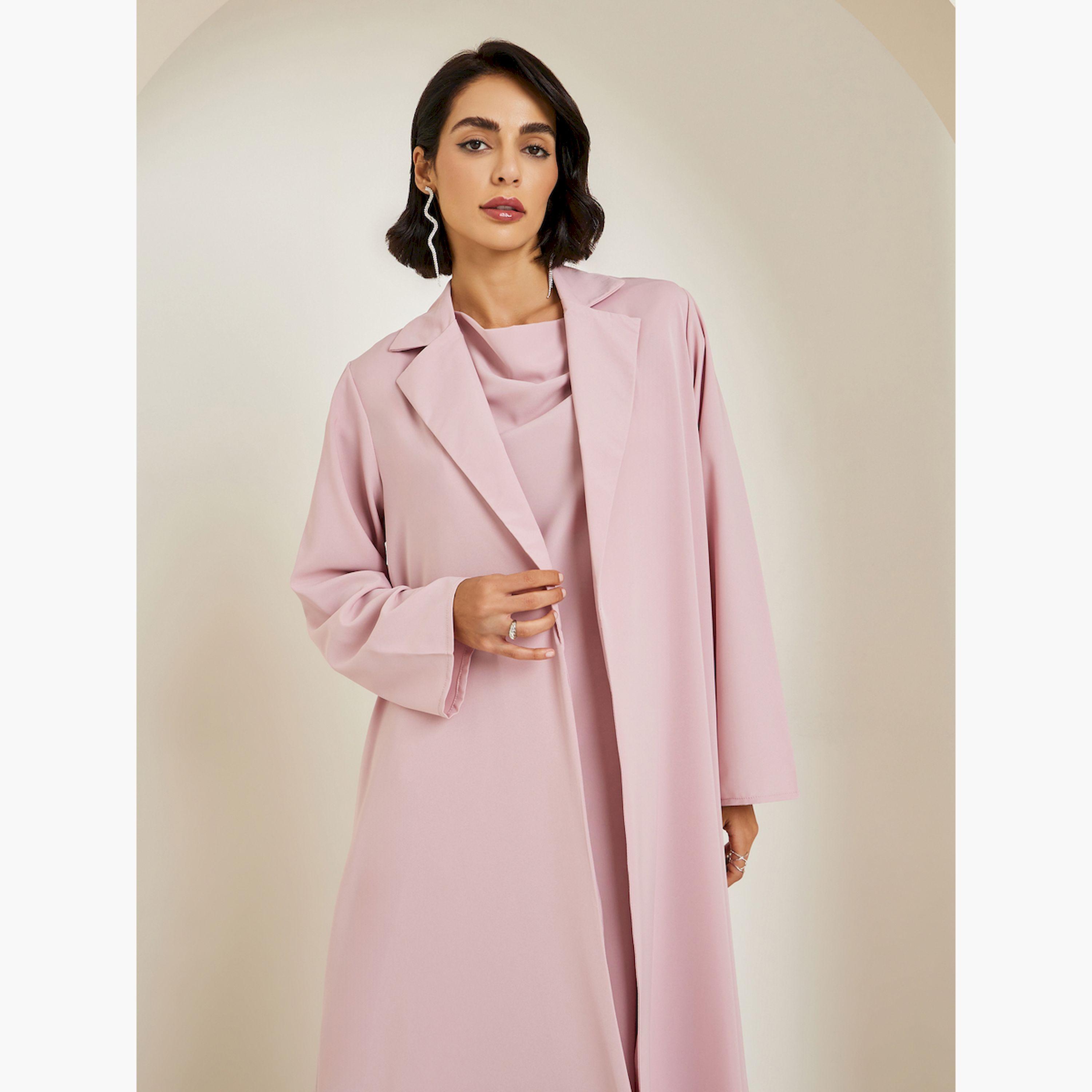طقم محتشم عباية جاكار بياقة مطوية وفستان بياقة منسدلة-women-arabicclothing-sets-image-2