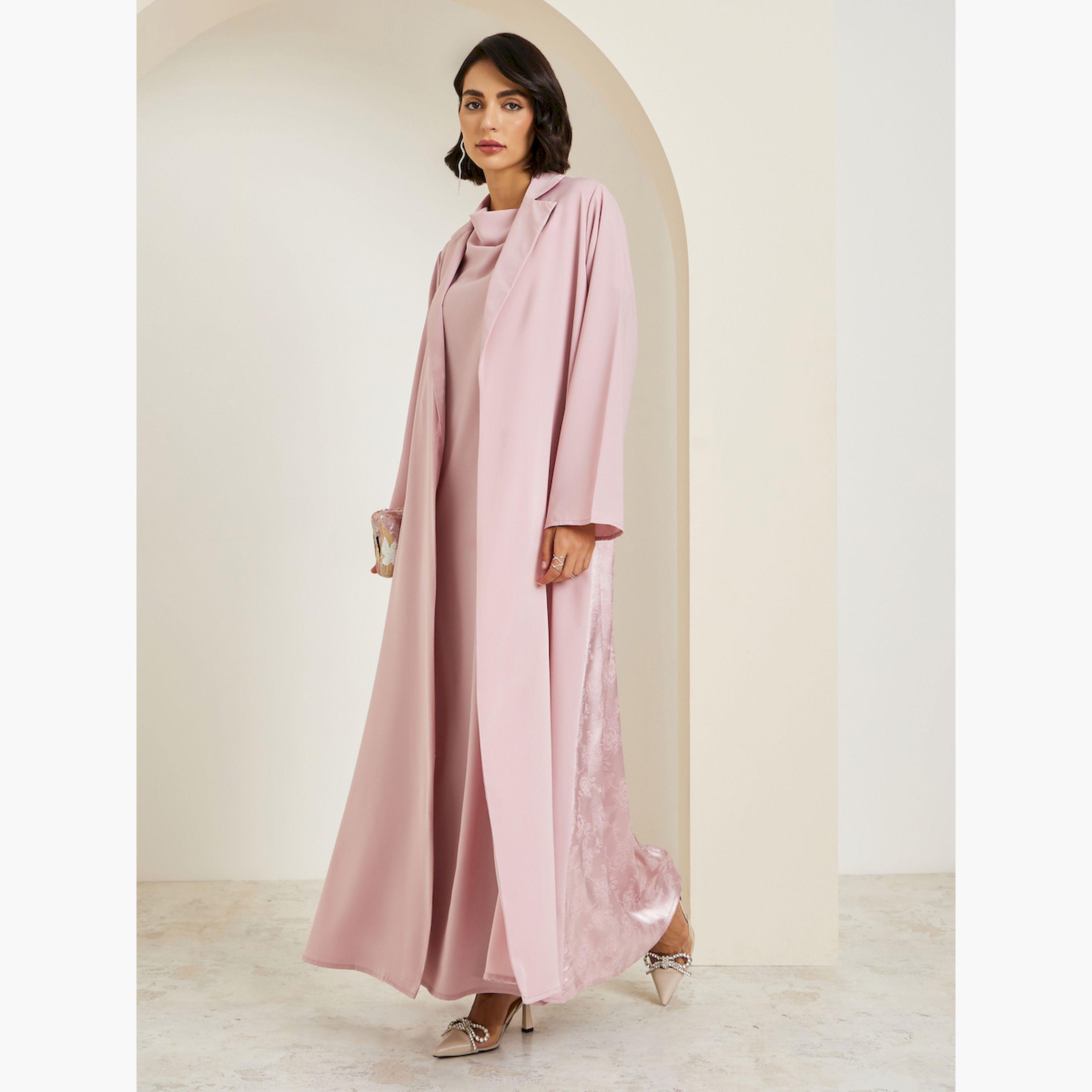 طقم محتشم عباية جاكار بياقة مطوية وفستان بياقة منسدلة-women-arabicclothing-sets-image-3