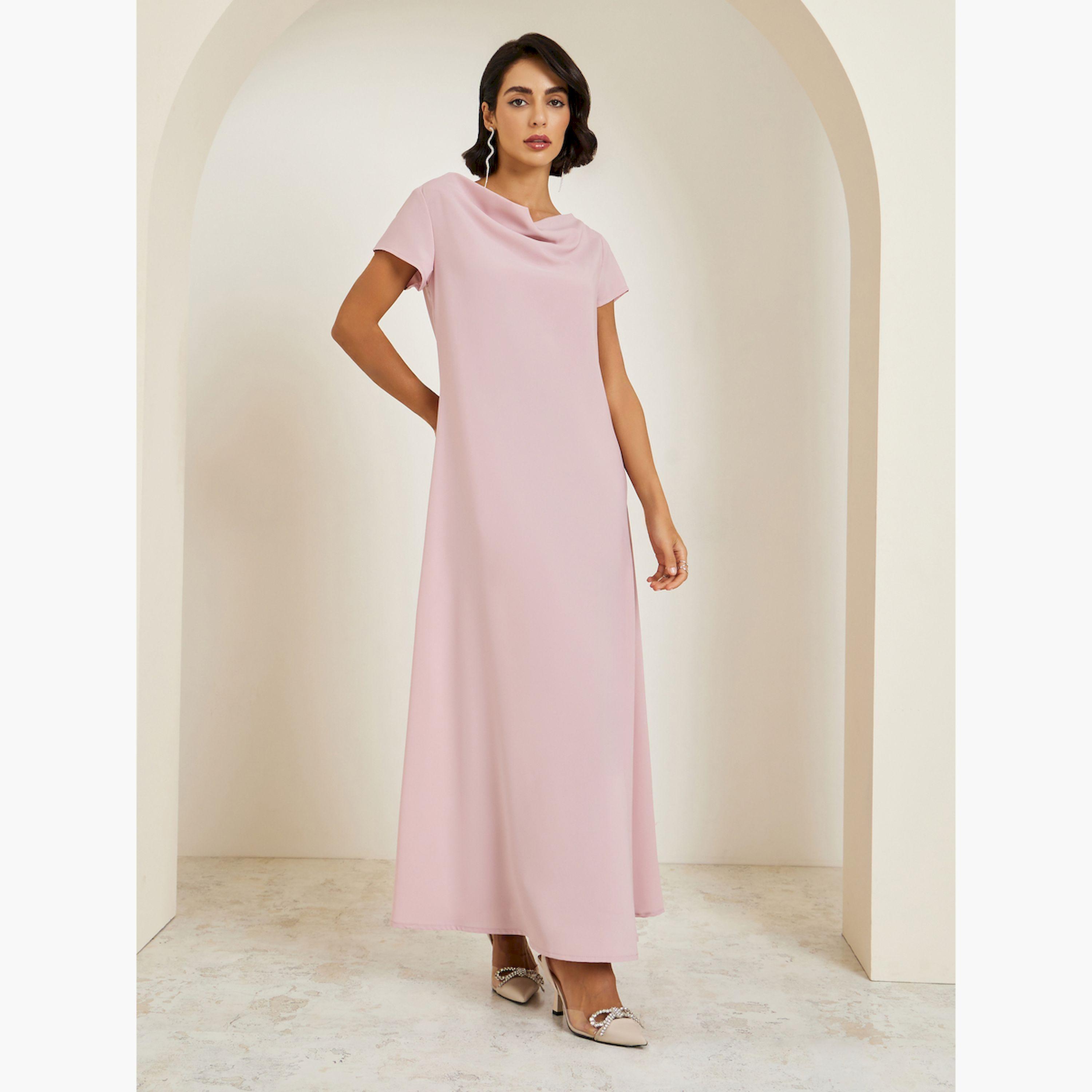 طقم محتشم عباية جاكار بياقة مطوية وفستان بياقة منسدلة-women-arabicclothing-sets-image-4