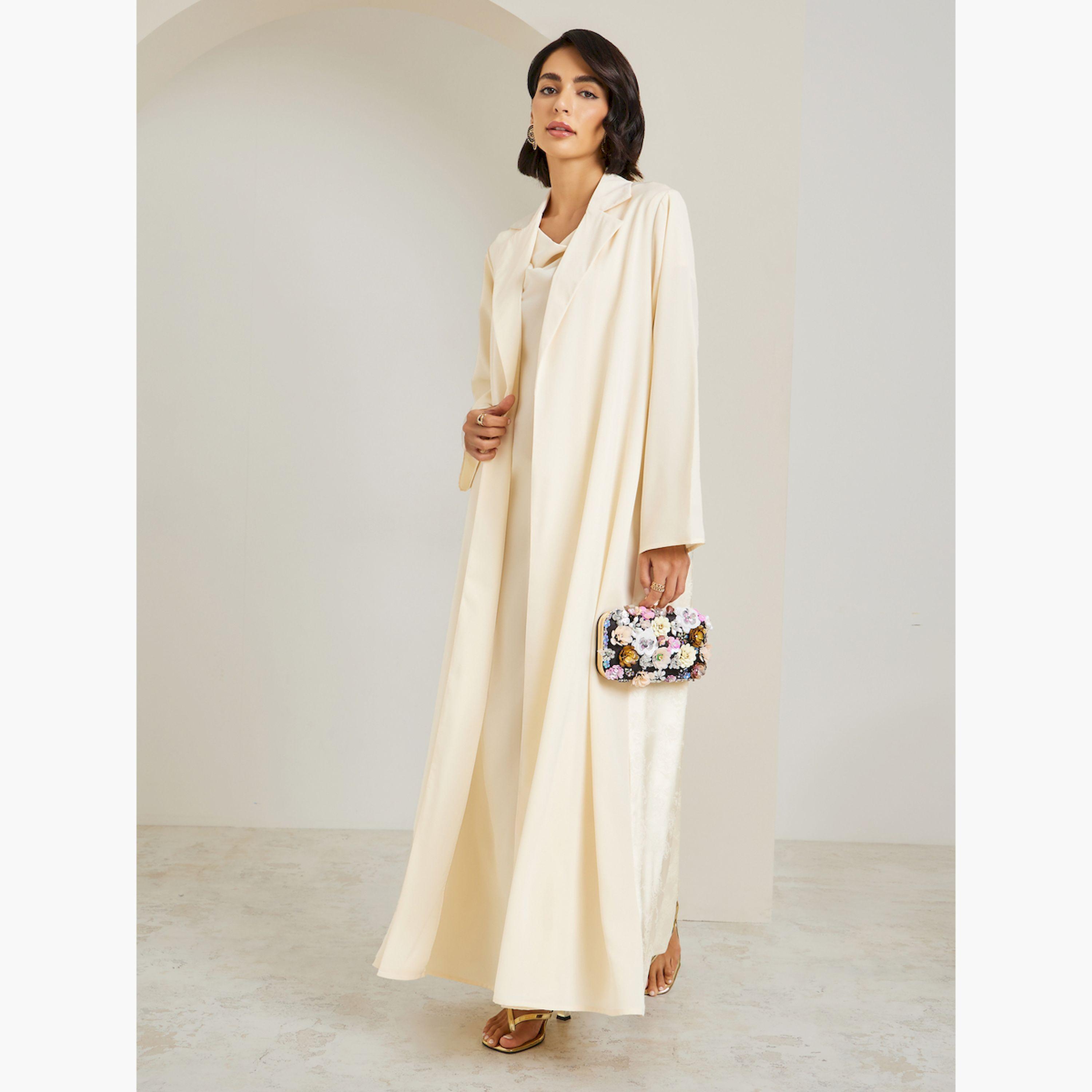 Styli Yellow Lapel Collar Jacquard Abaya and Cowl Neck Dress Modest Set-women-arabicclothing-sets-image-1