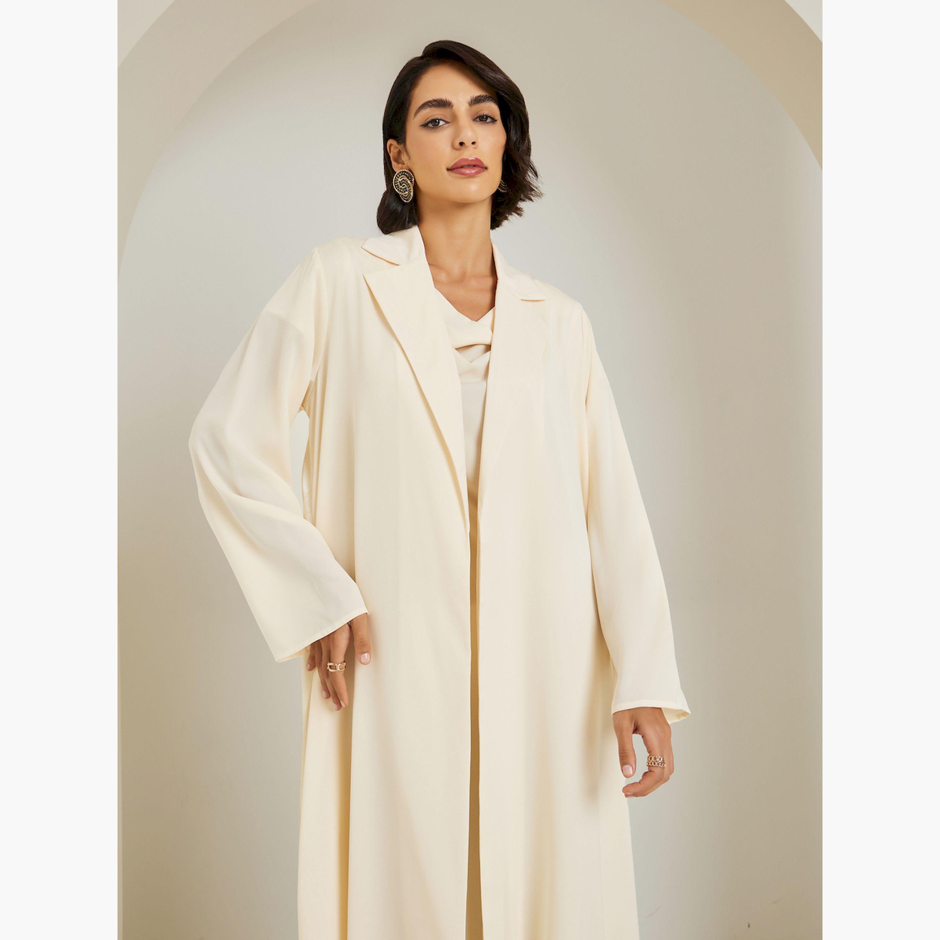 Styli Yellow Lapel Collar Jacquard Abaya and Cowl Neck Dress Modest Set-women-arabicclothing-sets-image-2