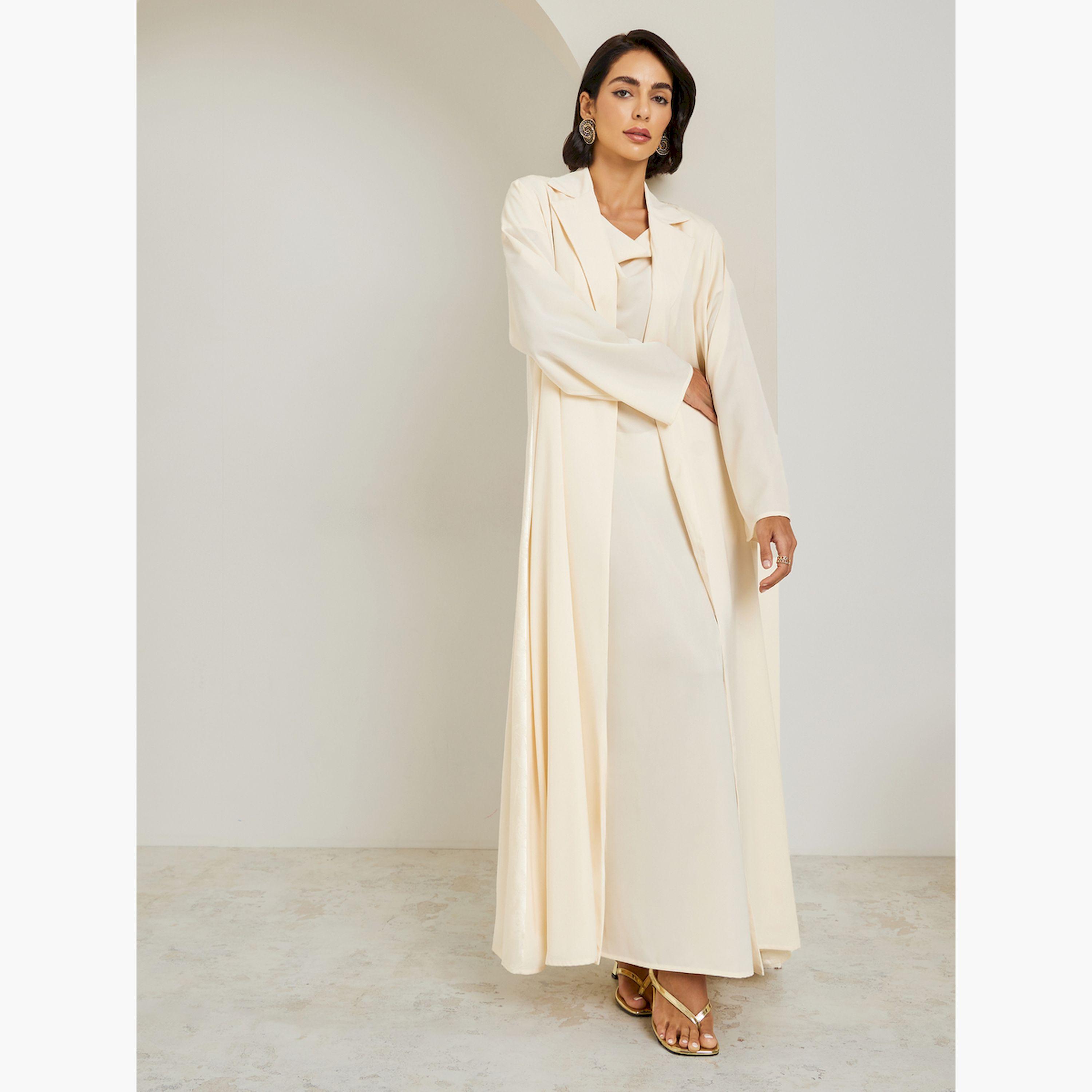 Styli Yellow Lapel Collar Jacquard Abaya and Cowl Neck Dress Modest Set-women-arabicclothing-sets-image-3
