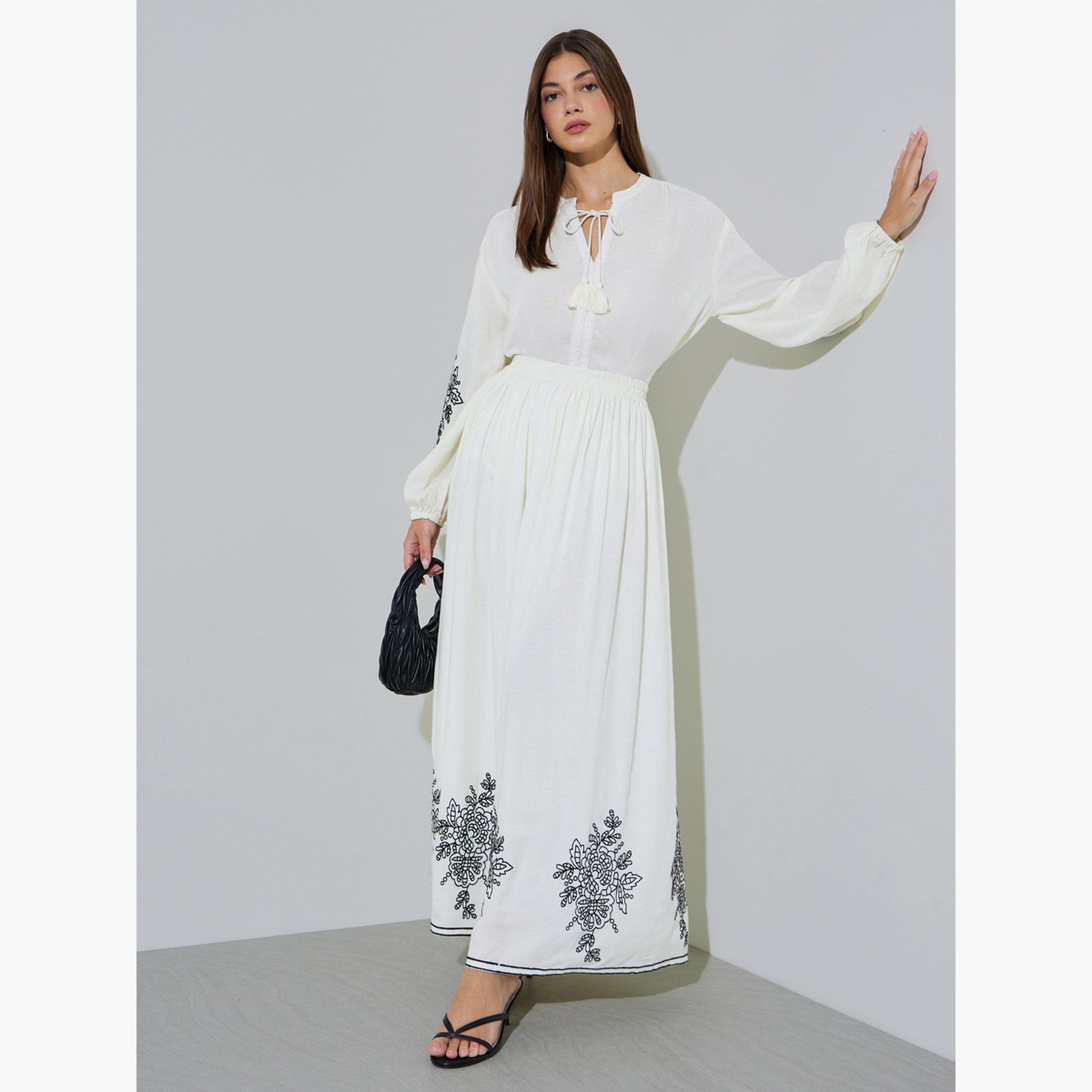 Styli Off White Embroidered Hem A-Line Maxi Skirt-women-clothing-skirts-image-2