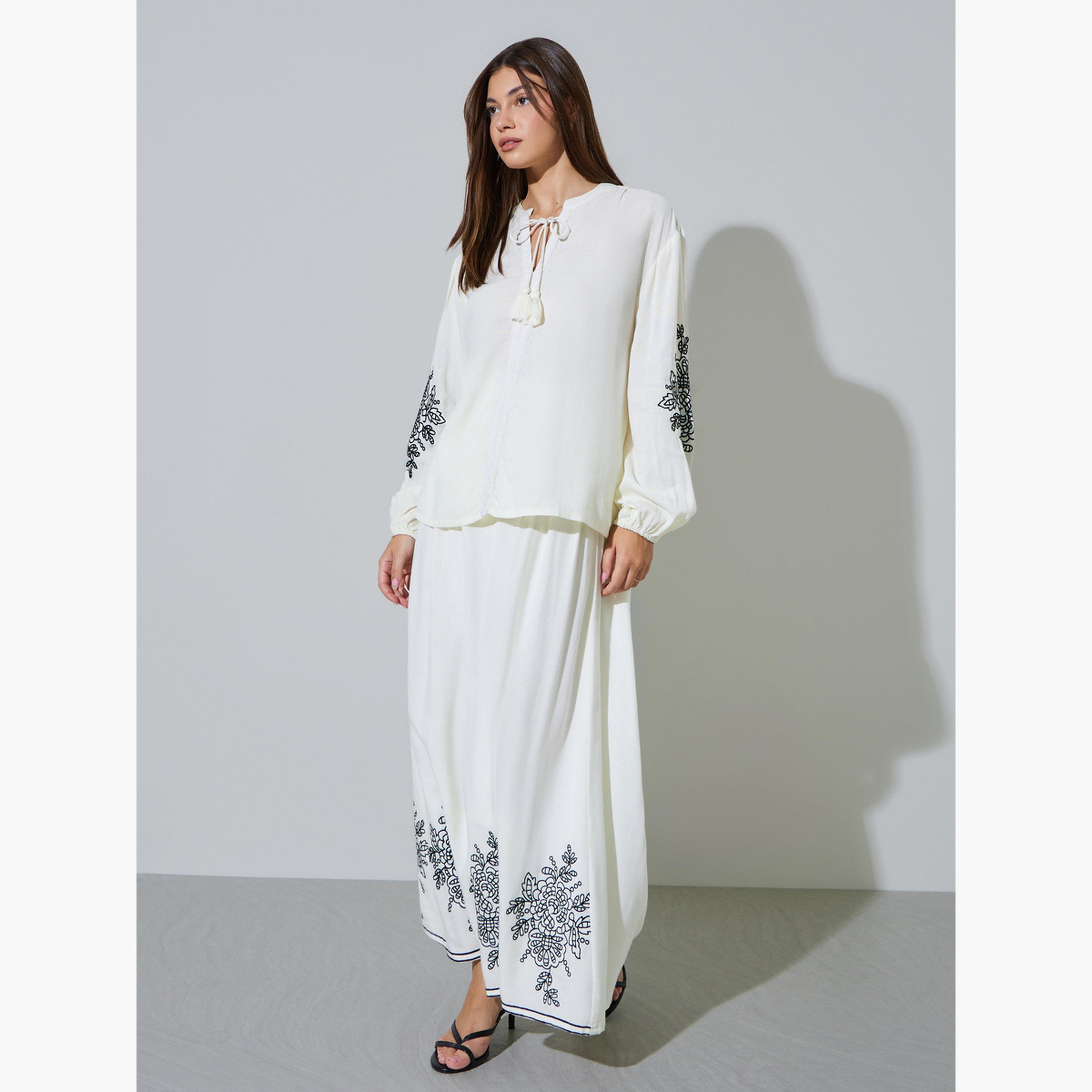 Styli Off White Embroidered Hem A-Line Maxi Skirt-women-clothing-skirts-image-6