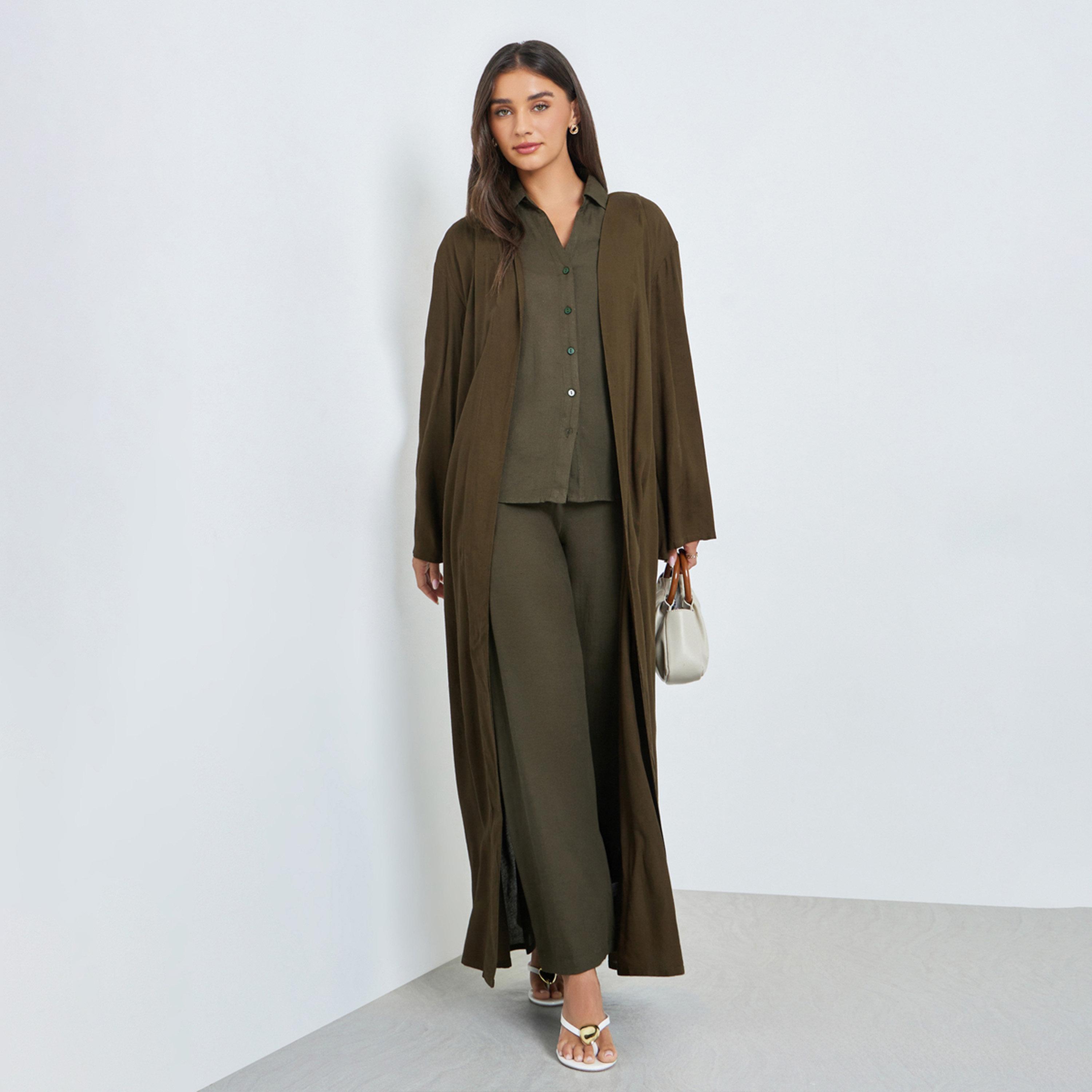 Styli Olive Regular Fit Open Front Kimono-women-clothing-coatsandjackets-coats-image-1