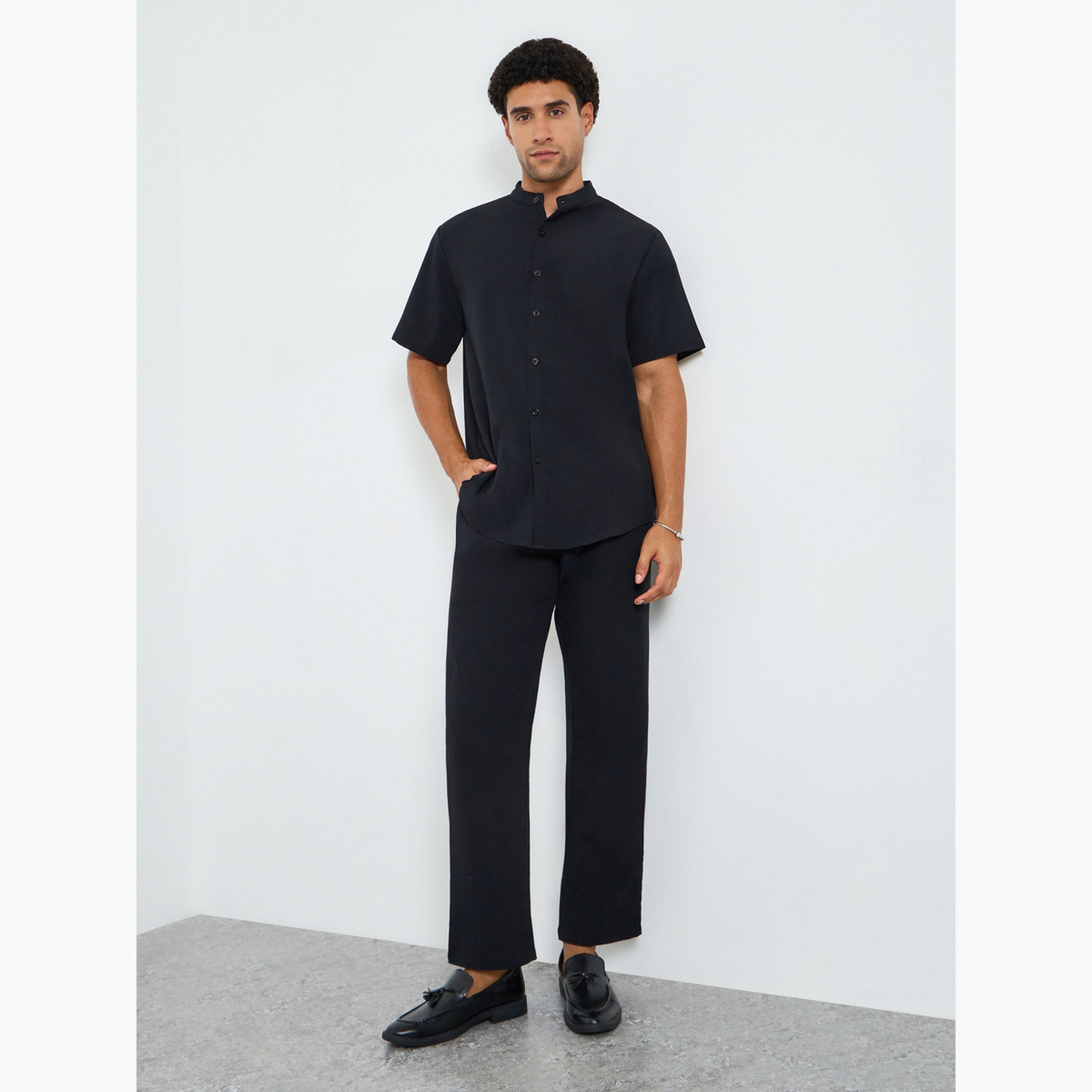 طقم قميص سادة بياقة قائمة وبنطال للرجال-men-clothing-coordsets-image-1
