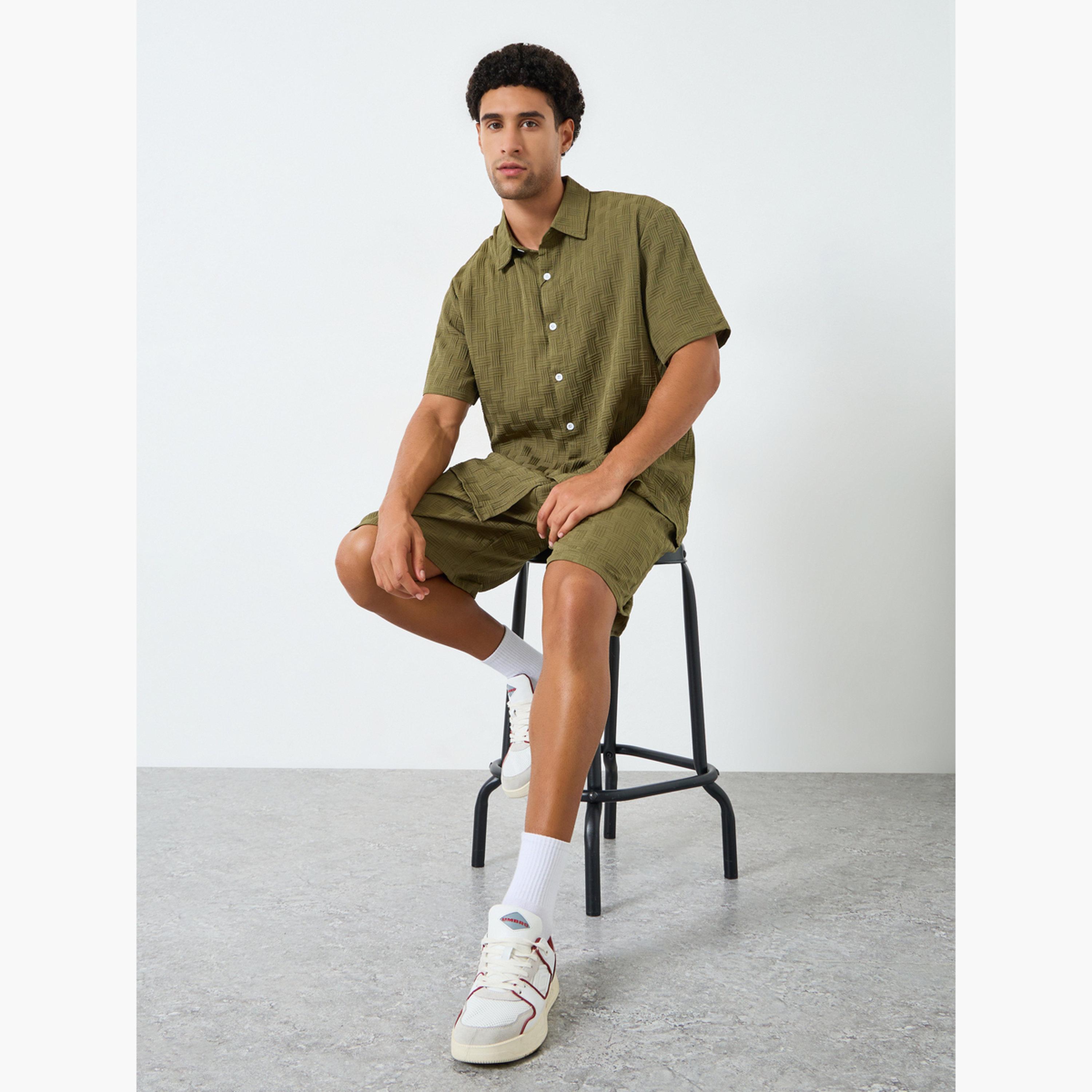 Take Two Men Textured Spread Collar Shirt and Shorts Co-Ords-men-clothing-coordsets-image-2
