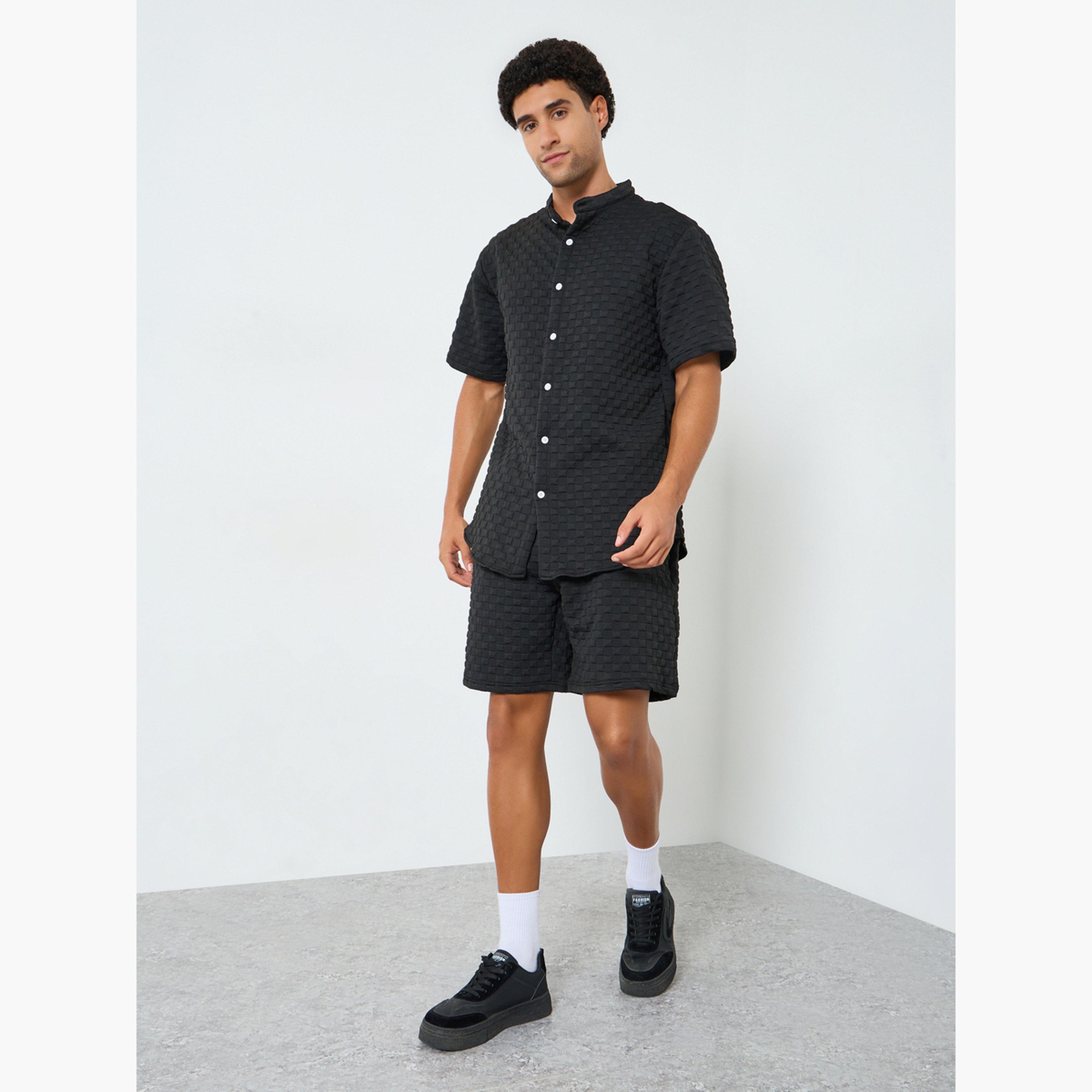 Take Two Men Textured Stand Collar Shirt and Shorts Co-Ords-men-clothing-coordsets-image-1