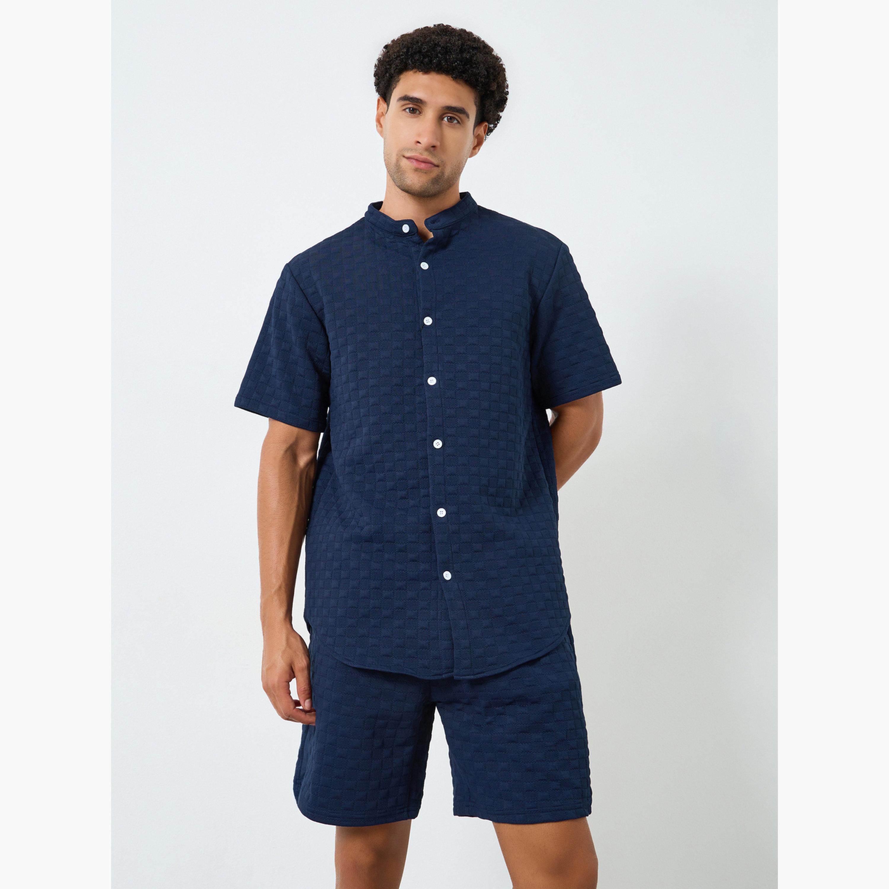 Take Two Men Textured Stand Collar Shirt and Shorts Co-Ords-men-clothing-coordsets-image-2