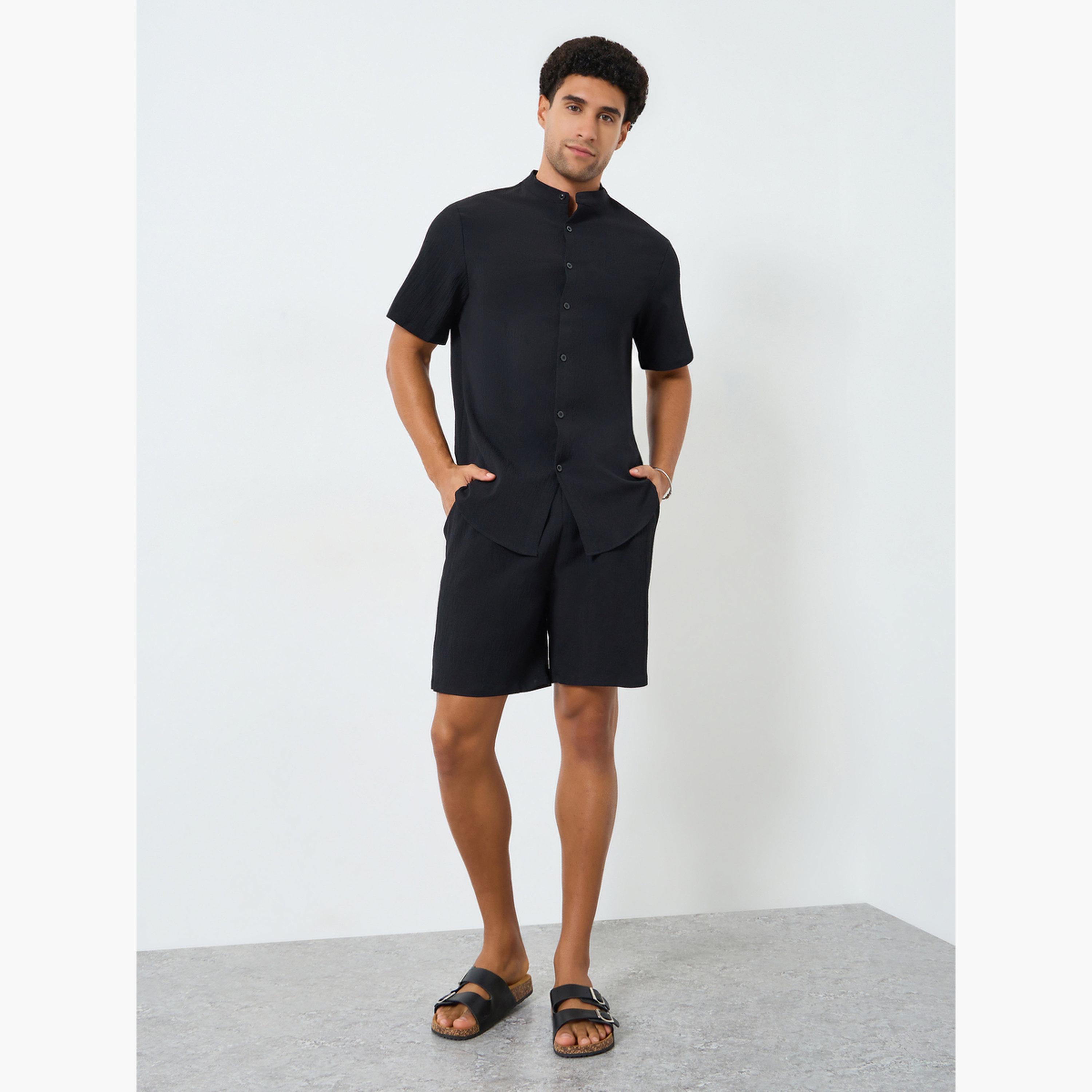 Take Two Men Solid Stand Collar Shirt and Shorts Co-Ords-men-clothing-coordsets-image-1