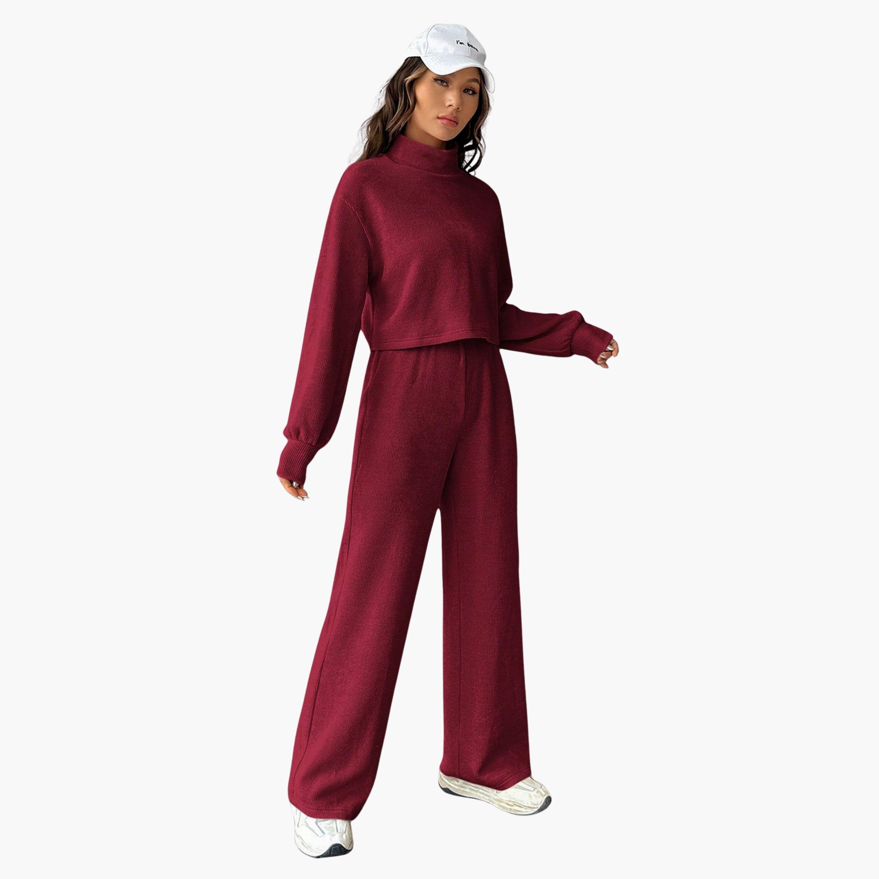 طقم بلوزة محبوك مضلعة وبنطال بورجوندي للنساء-women-clothing-coordsets-image-1