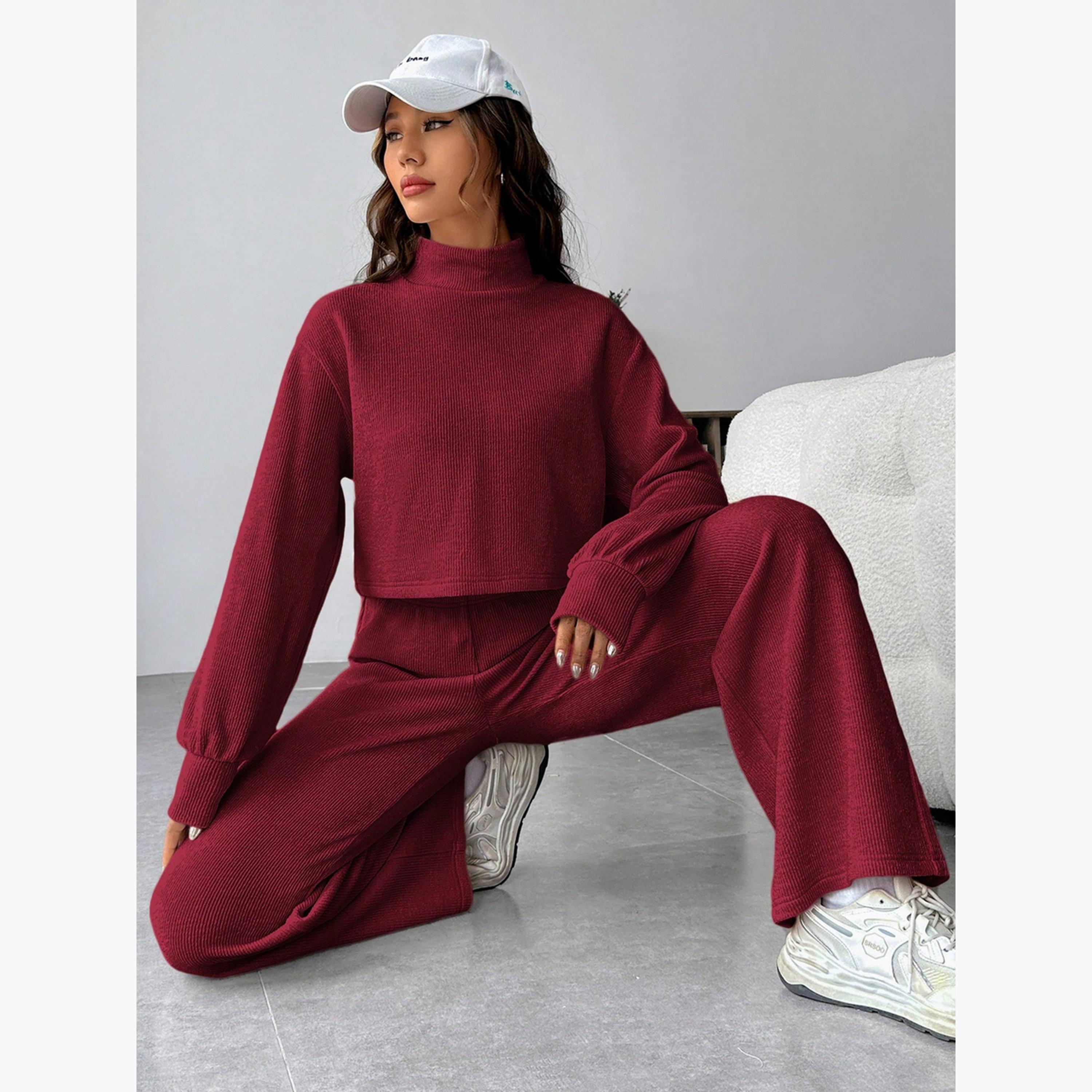 طقم بلوزة محبوك مضلعة وبنطال بورجوندي للنساء-women-clothing-coordsets-image-2