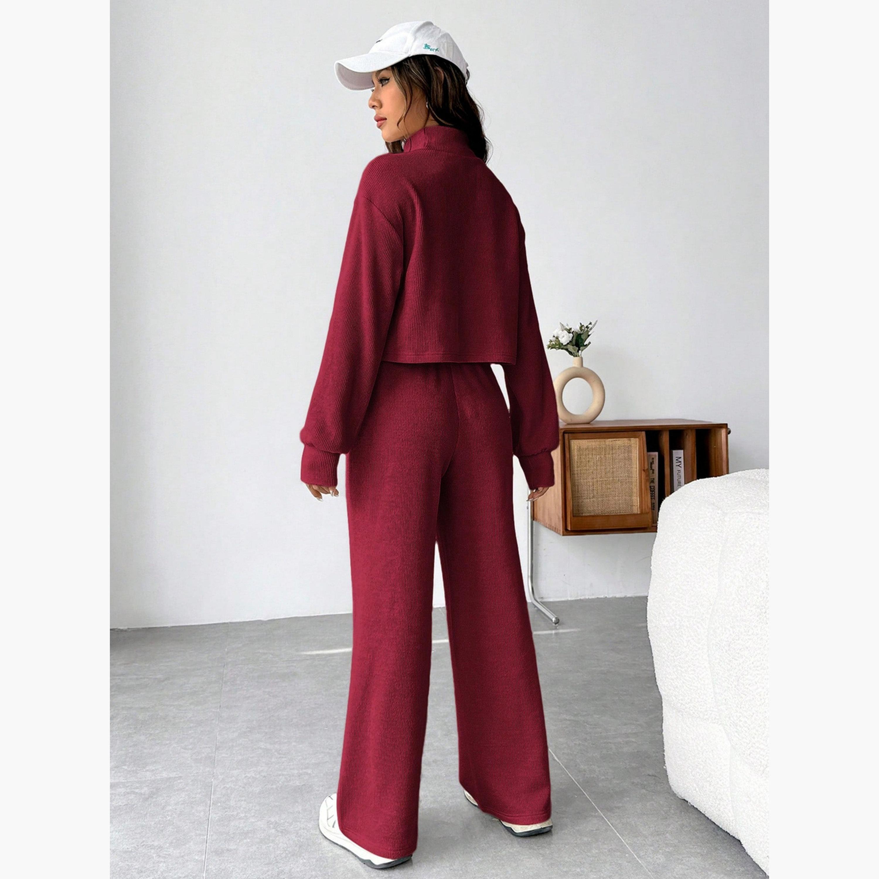 طقم بلوزة محبوك مضلعة وبنطال بورجوندي للنساء-women-clothing-coordsets-image-3