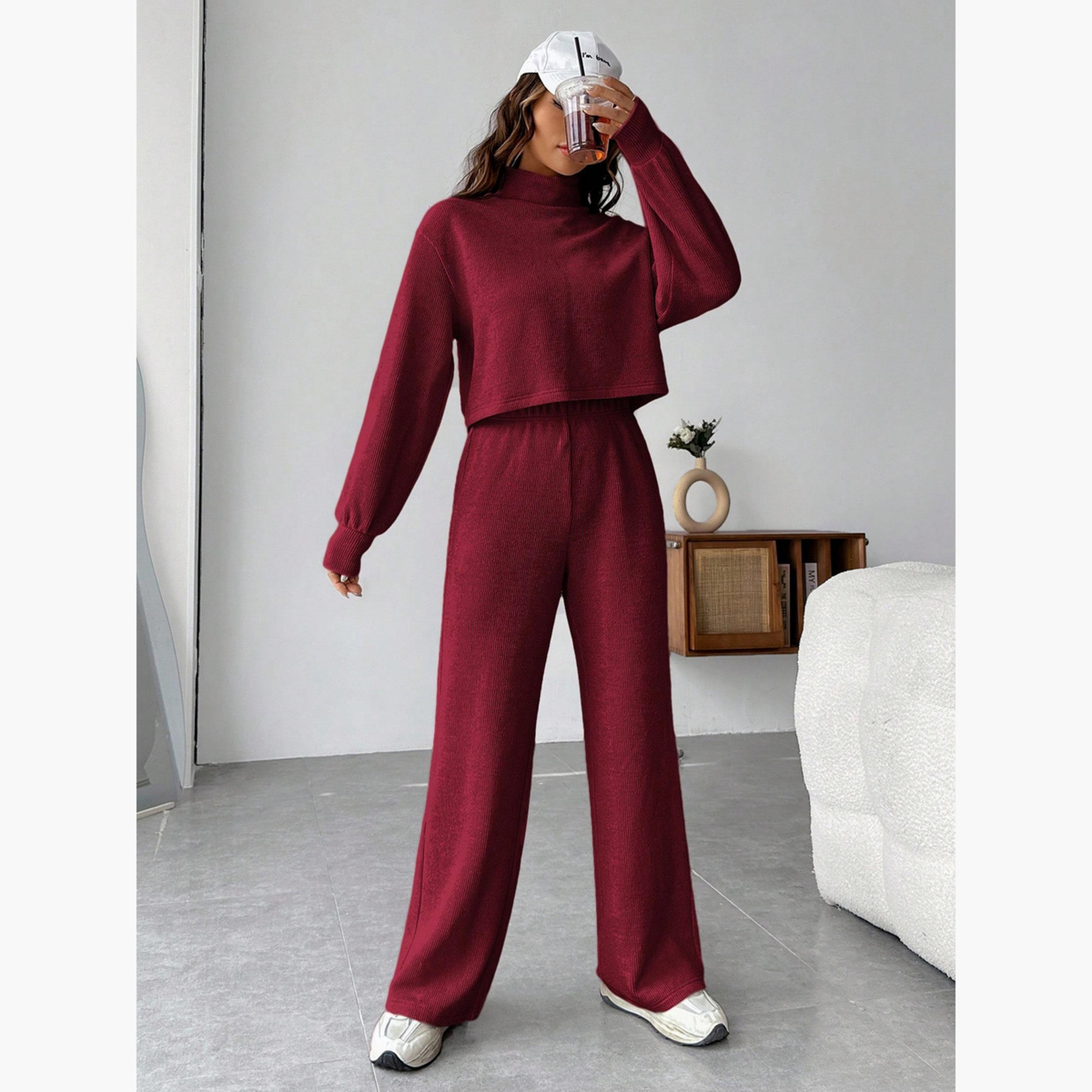طقم بلوزة محبوك مضلعة وبنطال بورجوندي للنساء-women-clothing-coordsets-image-4