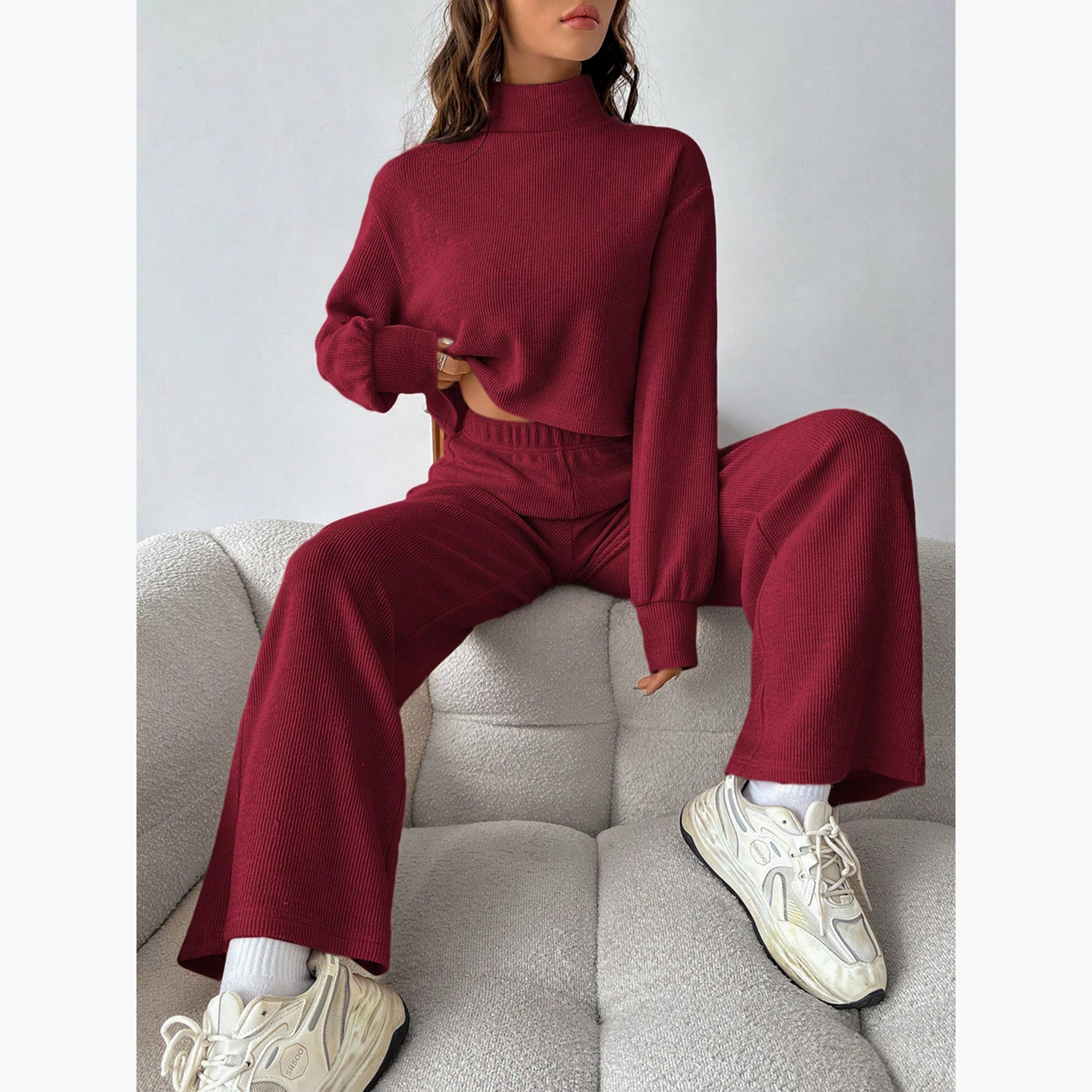 طقم بلوزة محبوك مضلعة وبنطال بورجوندي للنساء-women-clothing-coordsets-image-5