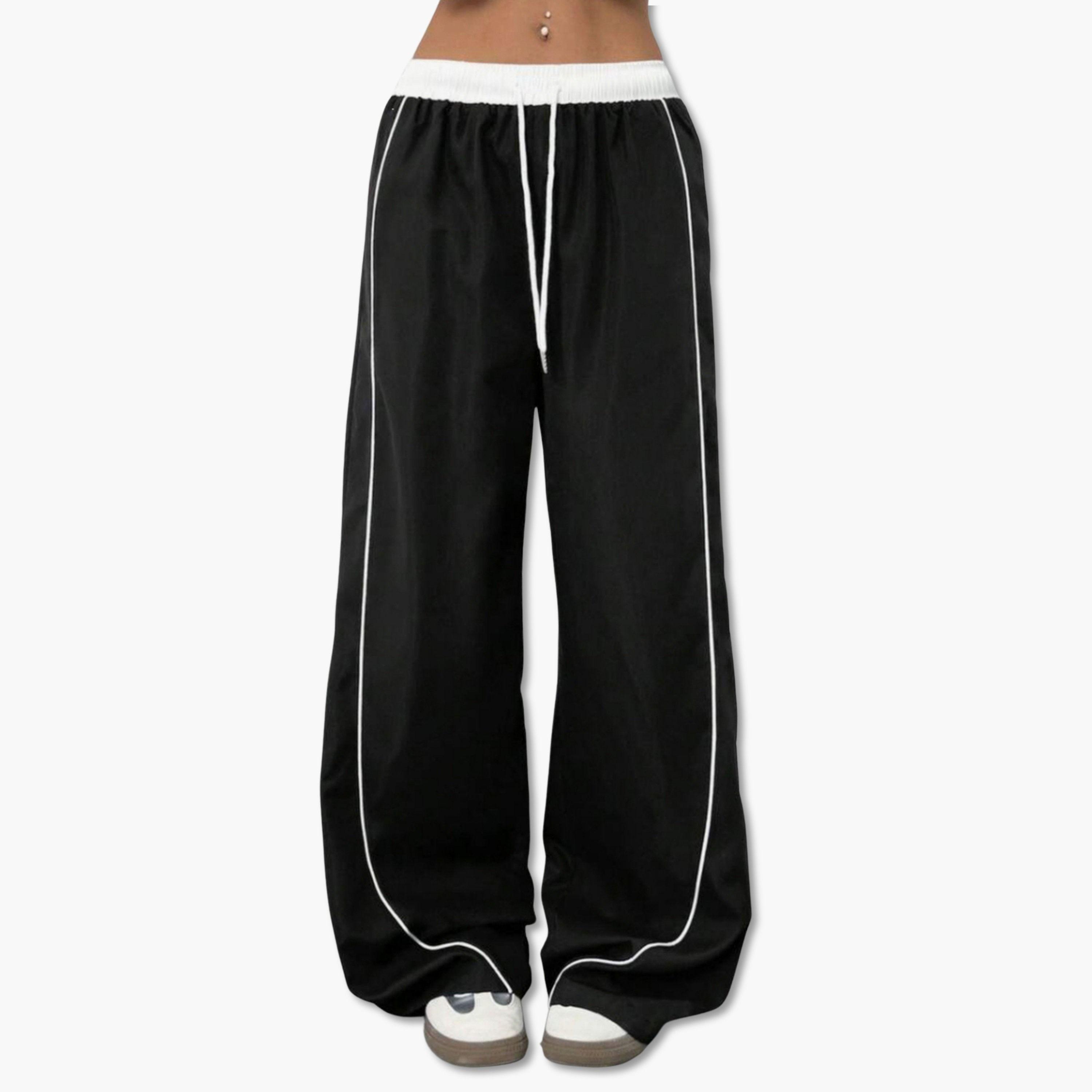 بنطال بأرجل واسعة أسود بتفاصيل بيضاء-women-clothing-bottoms-trousers-image-1