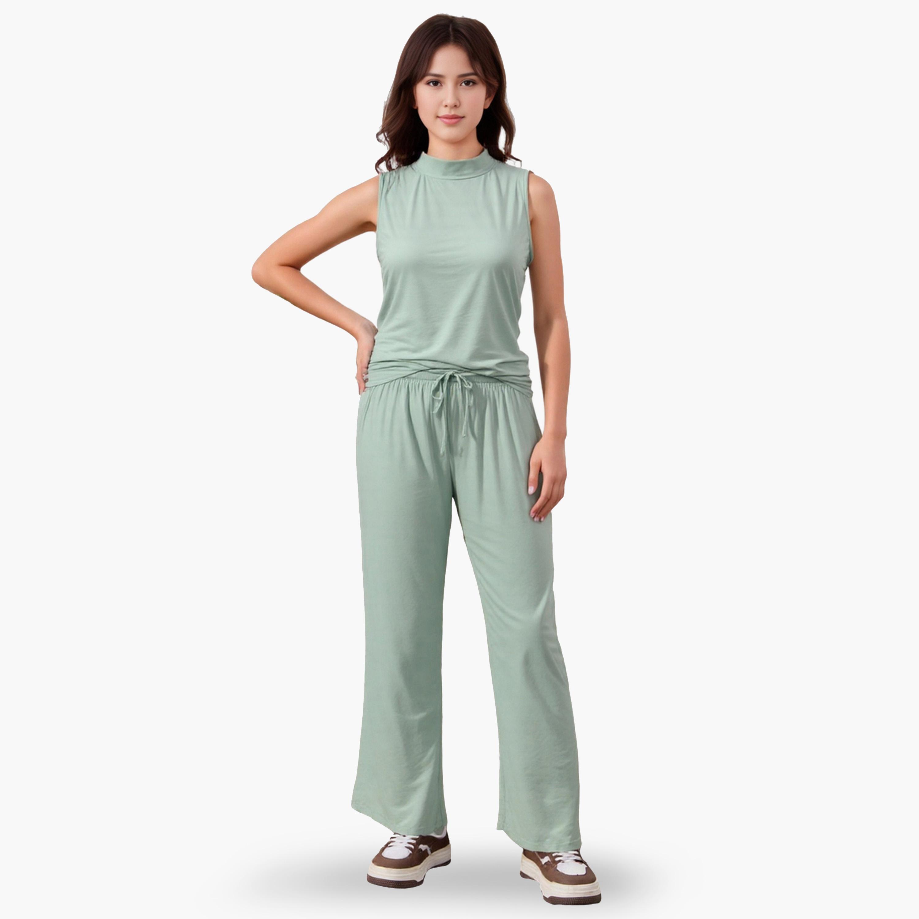طقم بلوزة بلا أكمام وبنطال بيجاما أخضر للنساء-women-clothing-nightwear-pyjamas-longsets-image-1