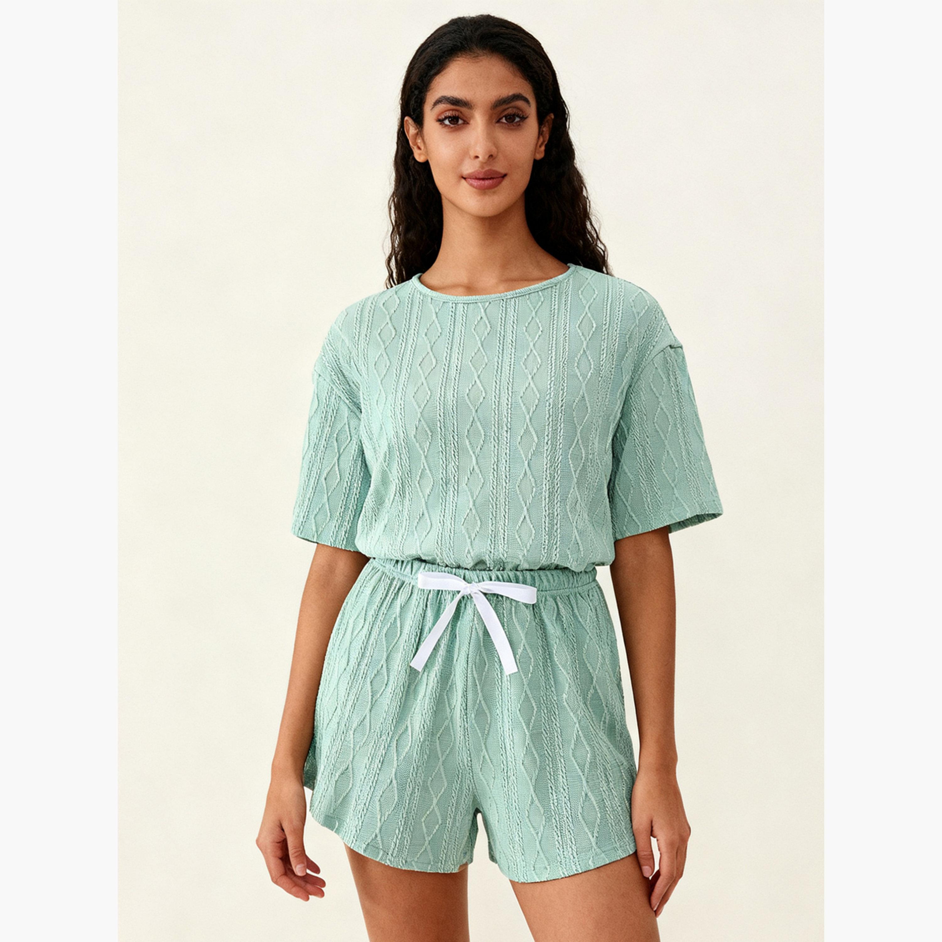 Take Two Women Green Textured Top and Shorts Pyjama Set-women-clothing-nightwear-pyjamas-longsets-image-1