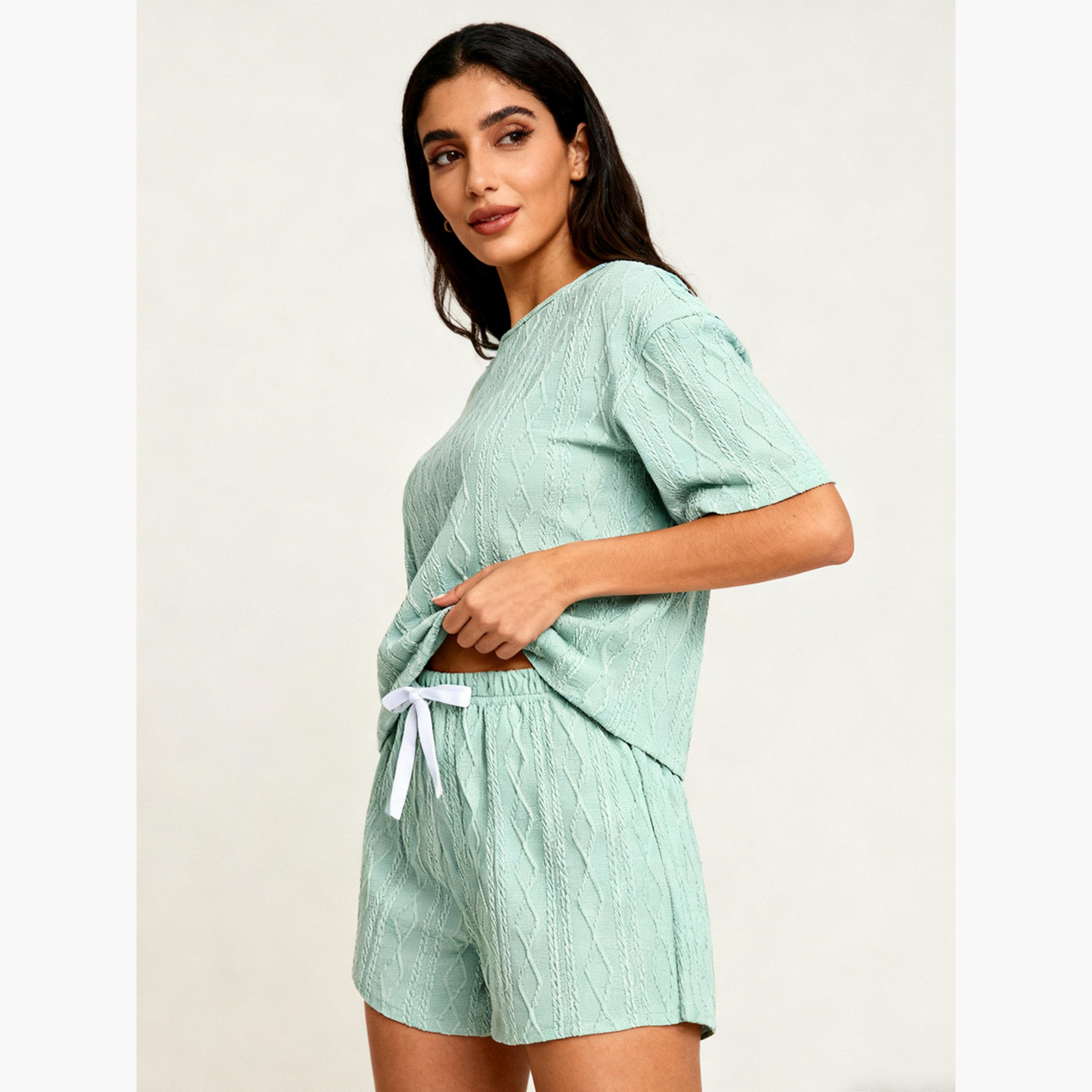 Take Two Women Green Textured Top and Shorts Pyjama Set-women-clothing-nightwear-pyjamas-longsets-image-2